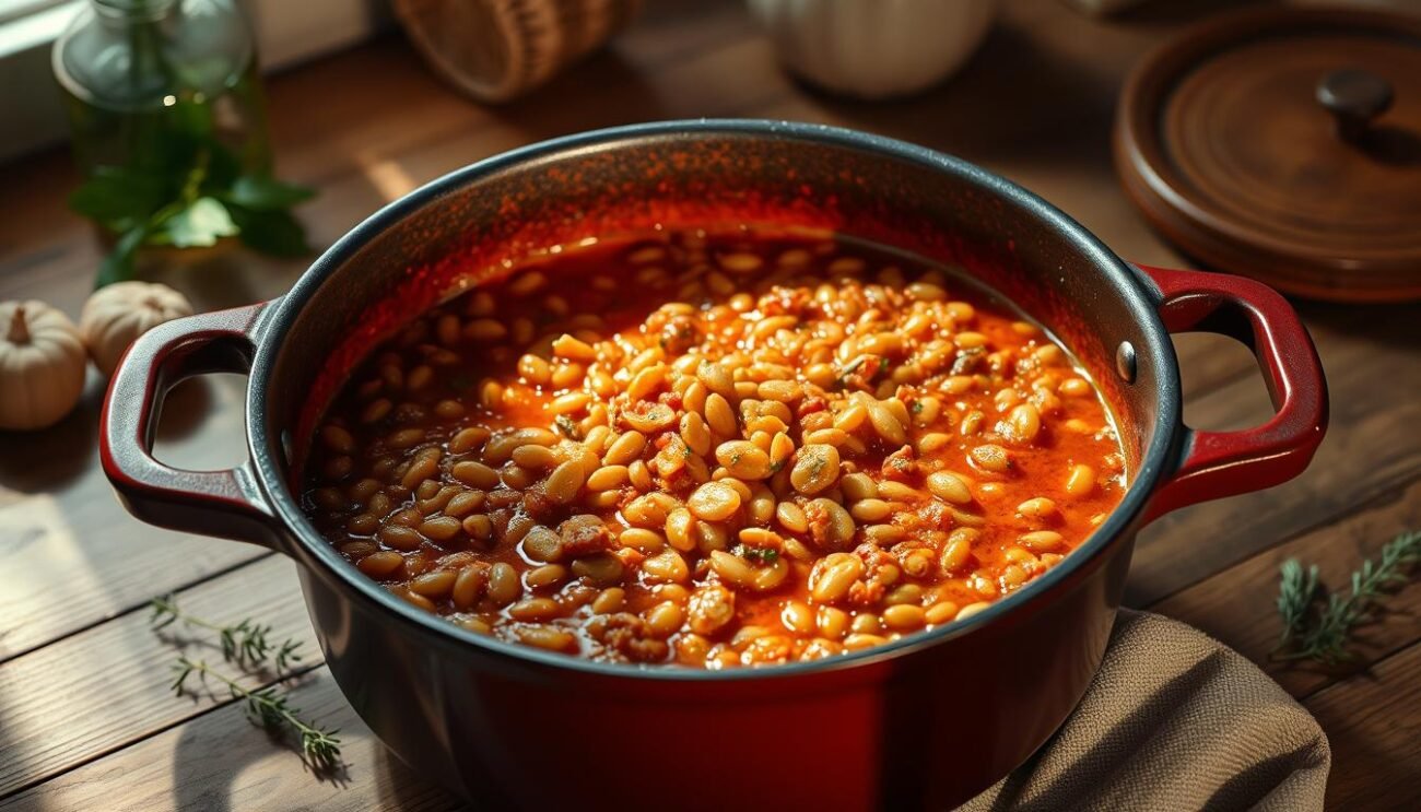 A perfectly composed still life of a hearty vegetarian lentil ragù, simmering in a rustic cast-iron pot on a wooden table. Soft, earthy lentils in a rich, tomato-based sauce, seasoned with garlic, onions, and fragrant herbs. The pot's surface glistens in the warm, dramatic lighting, casting shadows that add depth and texture. The scene evokes the comforting aroma and homemade goodness of this meatless alternative to the classic Bolognese. In the background, a hint of simple, Italian-inspired decor completes the authentic, Mediterranean atmosphere. A perfectly composed still life of a hearty vegetarian lentil ragù, simmering in a rustic cast-iron pot on a wooden table. Soft, earthy lentils in a rich, tomato-based sauce, seasoned with garlic, onions, and fragrant herbs. The pot's surface glistens in the warm, dramatic lighting, casting shadows that add depth and texture. The scene evokes the comforting aroma and homemade goodness of this meatless alternative to the classic Bolognese. In the background, a hint of simple, Italian-inspired decor completes the authentic, Mediterranean atmosphere.