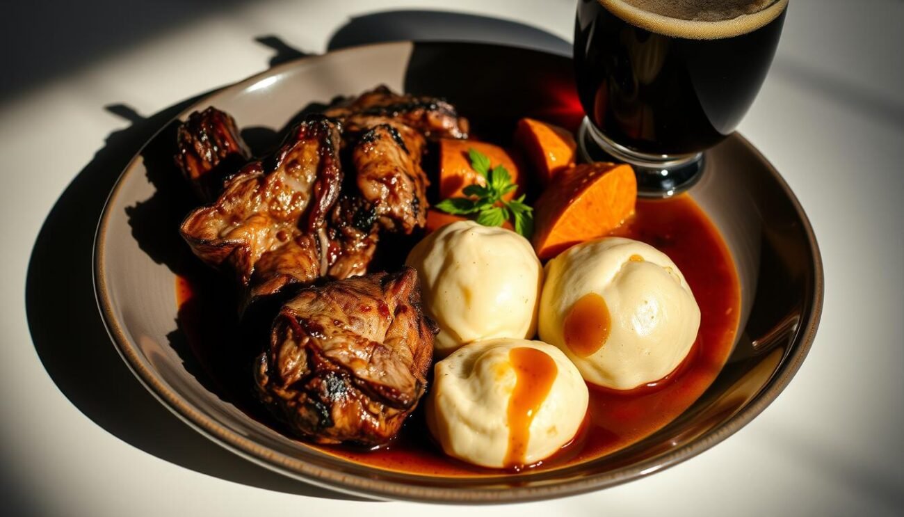 A perfectly crafted stout dish, with rich, creamy textures and deep, complex flavors. Juicy roasted meats, a hint of char, paired with earthy root vegetables and a drizzle of reduced stout reduction. Soft, pillowy bread or dumplings to soak up every last drop. Moody lighting casts dramatic shadows, creating an intimate, cozy atmosphere. A crisp, clean tabletop sets the stage, allowing the vibrant colors and textures of the dish to shine. The image captures the perfect marriage of hearty, satisfying fare and the bold, roasty notes of a well-crafted stout.