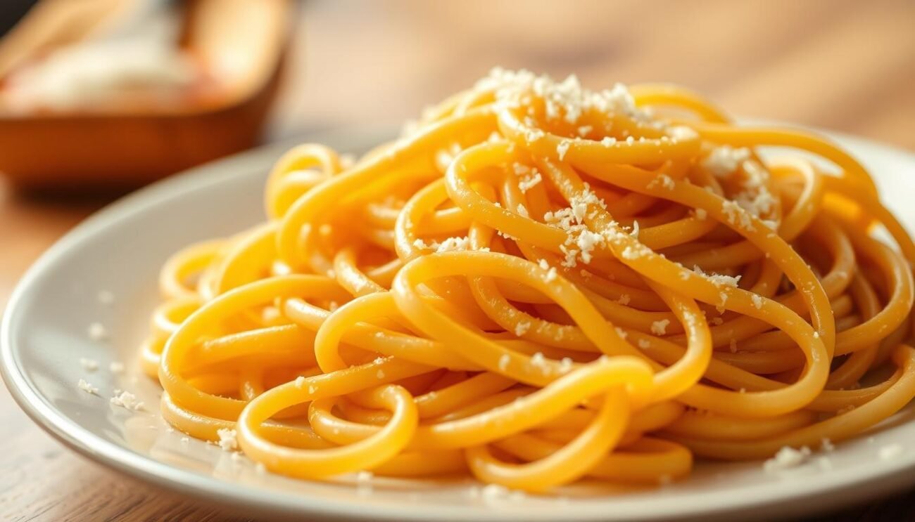 A perfectly portioned plate of freshly cooked pasta, the strands gently twirling and glistening under the warm, soft lighting. The foreground showcases the pasta's delicate texture, each piece distinct yet harmoniously intertwined. In the middle ground, a subtle hint of the plate's edge and a sprinkle of freshly grated parmesan cheese add depth and dimension. The background is blurred, allowing the pasta to take center stage and evoke the comforting, authentic flavors of traditional Italian cuisine. This image captures the essence of the "ideal portion" - a visually appealing and mouthwatering representation of the perfect pasta dish.