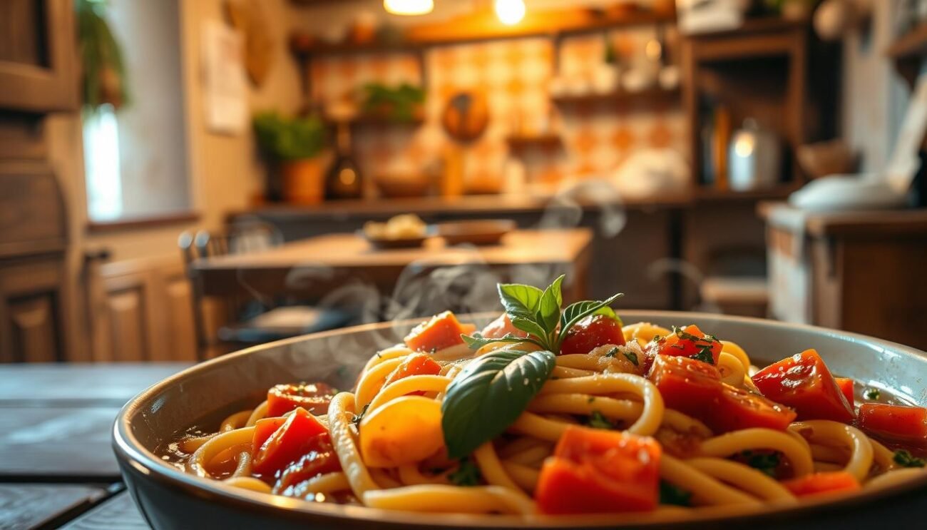 A perfectly prepared bowl of "pasta in minestre" sits in the foreground, steam gently rising. Fresh homemade pasta noodles, al dente, nestled in a rich, aromatic broth. Layered with diced tomatoes, sautéed onions, and fragrant herbs like basil and oregano. Soft lighting from above casts a warm, inviting glow, accentuating the natural colors and textures. In the middle ground, a traditional Italian setting - an intimate kitchen, with weathered wooden furnishings and terracotta tiles. The background fades into a cozy, rustic ambiance, hinting at the comforting traditions of Italian cuisine. This nourishing, satisfying dish embodies the essence of a balanced, wholesome diet.