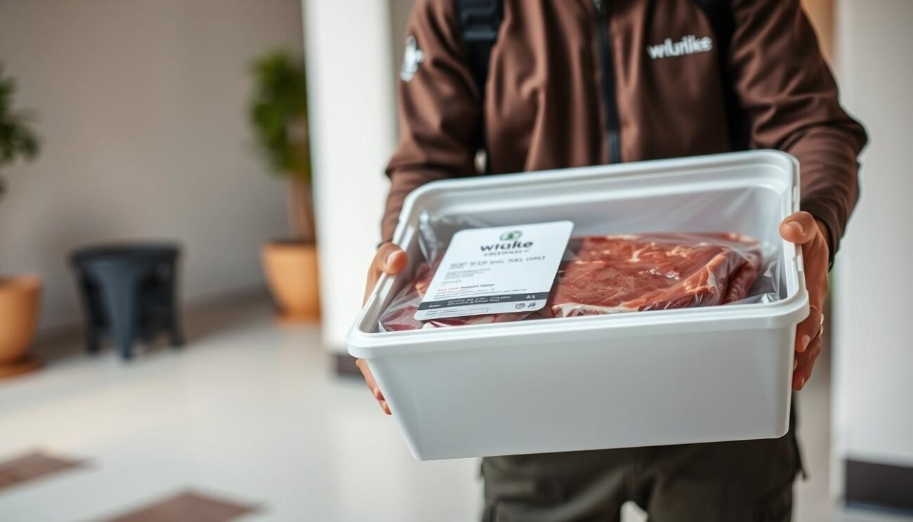 A photograph of a refrigerated package of meat being delivered by a courier. The package is sleek and modern, with the brand name and information clearly displayed. The courier is wearing a uniform and carefully handling the package, emphasizing the care and attention to detail in the delivery process. The background is a clean, minimalist setting, perhaps a residential neighborhood or an apartment building, conveying the convenience and accessibility of online meat ordering and delivery in Italy. The lighting is soft and natural, creating a warm and inviting atmosphere. The overall scene highlights the seamless integration of technology and traditional food delivery, catering to the modern Italian consumer's needs.