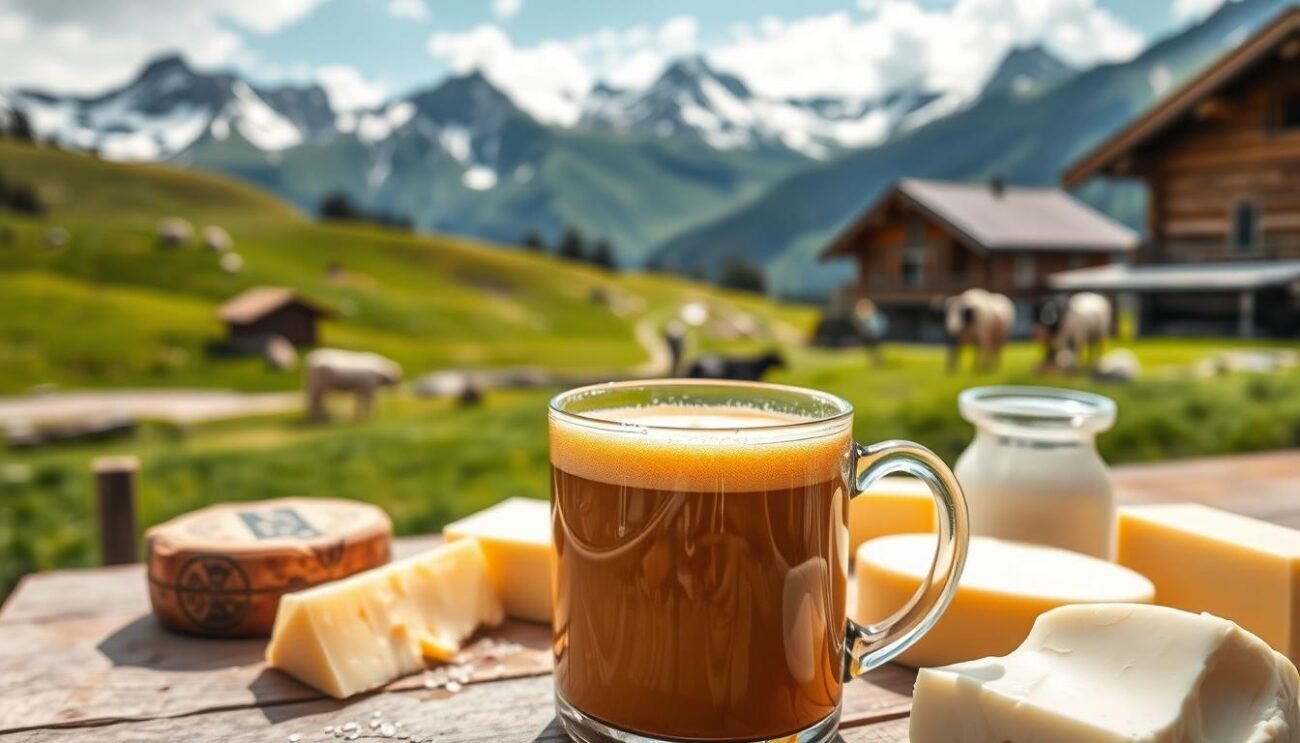 A picturesque alpine landscape with rolling green meadows, snow-capped peaks, and a cozy mountain hut. In the foreground, a glass of frothy, creamy latte alpino sits on a wooden table, its rich, caramelized surface reflecting the warm, natural lighting. The mug is surrounded by traditional dairy products such as fresh cheese, butter, and thick, golden-yellow cream, all of which highlight the artisanal quality and unique character of the mountain-produced dairy. The scene evokes a sense of rustic charm, tranquility, and the deep connection between the land, the animals, and the people who crafted these exceptional dairy delights.
