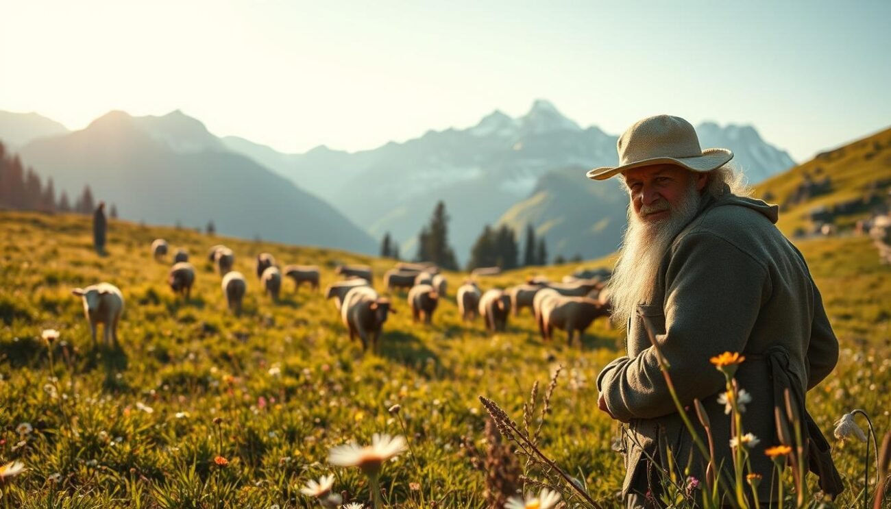A picturesque alpine pasture, where traditional practices and innovative technologies coexist harmoniously. In the foreground, a shepherd tending to their flock, their weathered face reflecting the wisdom of generations. Surrounding them, a verdant landscape dotted with wildflowers and lush grasses, illuminated by a warm, golden light. In the middle ground, cutting-edge sensors and monitoring devices seamlessly integrated into the natural environment, gathering data to optimize herd management. In the background, the towering peaks of the Alps, their snow-capped summits casting a serene, majestic glow over the scene. The overall atmosphere conveys a sense of timeless tradition and forward-thinking progress, showcasing the delicate balance between preservation and innovation in the management of these alpine pastures.