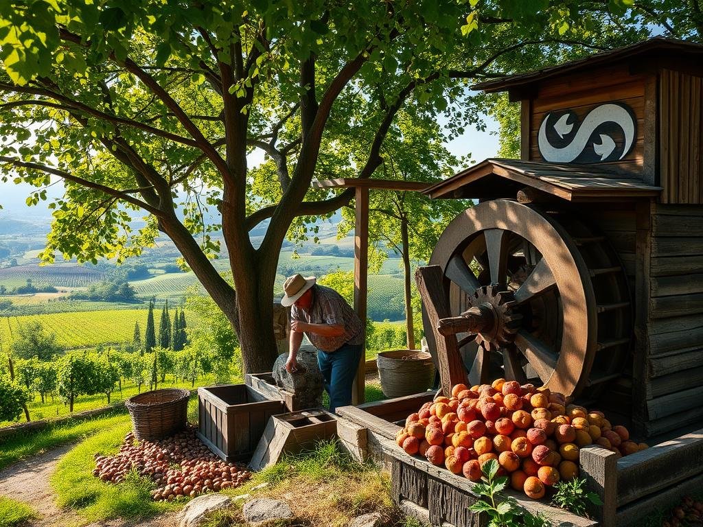 A picturesque chestnut grove in the Mugello region of Tuscany, with dappled sunlight filtering through the canopy. In the foreground, a weathered wooden mill with a water wheel, its gears and mechanisms meticulously detailed. Nearby, a local farmer carefully harvests chestnut pods, their rich brown hues contrasting with the lush green foliage. In the background, rolling hills and vineyards stretch out, creating a harmonious, sustainable landscape. The scene conveys a sense of timeless tradition, with a focus on the artisanal production of high-quality chestnut flour - a cherished culinary treasure of the region. A picturesque chestnut grove in the Mugello region of Tuscany, with dappled sunlight filtering through the canopy. In the foreground, a weathered wooden mill with a water wheel, its gears and mechanisms meticulously detailed. Nearby, a local farmer carefully harvests chestnut pods, their rich brown hues contrasting with the lush green foliage. In the background, rolling hills and vineyards stretch out, creating a harmonious, sustainable landscape. The scene conveys a sense of timeless tradition, with a focus on the artisanal production of high-quality chestnut flour - a cherished culinary treasure of the region.