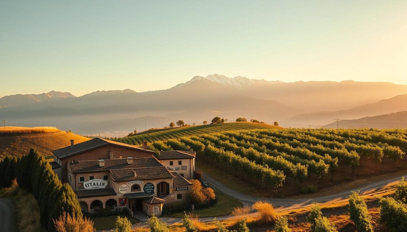 A picturesque landscape showcasing the essence of Italian craft breweries and their deep connection to the local terrain. In the foreground, an artisanal brewery nestled amidst rolling hills, its facade adorned with vibrant murals and signage. The middle ground features lush vineyards, their grapevines swaying gently in the breeze, symbolizing the harmonious fusion of beer and wine. The background is dominated by a dramatic mountain range, its peaks capped with snow, creating a breathtaking backdrop. Warm, golden sunlight filters through the scene, casting a cozy, inviting atmosphere. The overall composition emphasizes the symbiotic relationship between the breweries, the land, and the community, capturing the spirit of this unique Italian grape ale (IGA) landscape. A picturesque landscape showcasing the essence of Italian craft breweries and their deep connection to the local terrain. In the foreground, an artisanal brewery nestled amidst rolling hills, its facade adorned with vibrant murals and signage. The middle ground features lush vineyards, their grapevines swaying gently in the breeze, symbolizing the harmonious fusion of beer and wine. The background is dominated by a dramatic mountain range, its peaks capped with snow, creating a breathtaking backdrop. Warm, golden sunlight filters through the scene, casting a cozy, inviting atmosphere. The overall composition emphasizes the symbiotic relationship between the breweries, the land, and the community, capturing the spirit of this unique Italian grape ale (IGA) landscape.