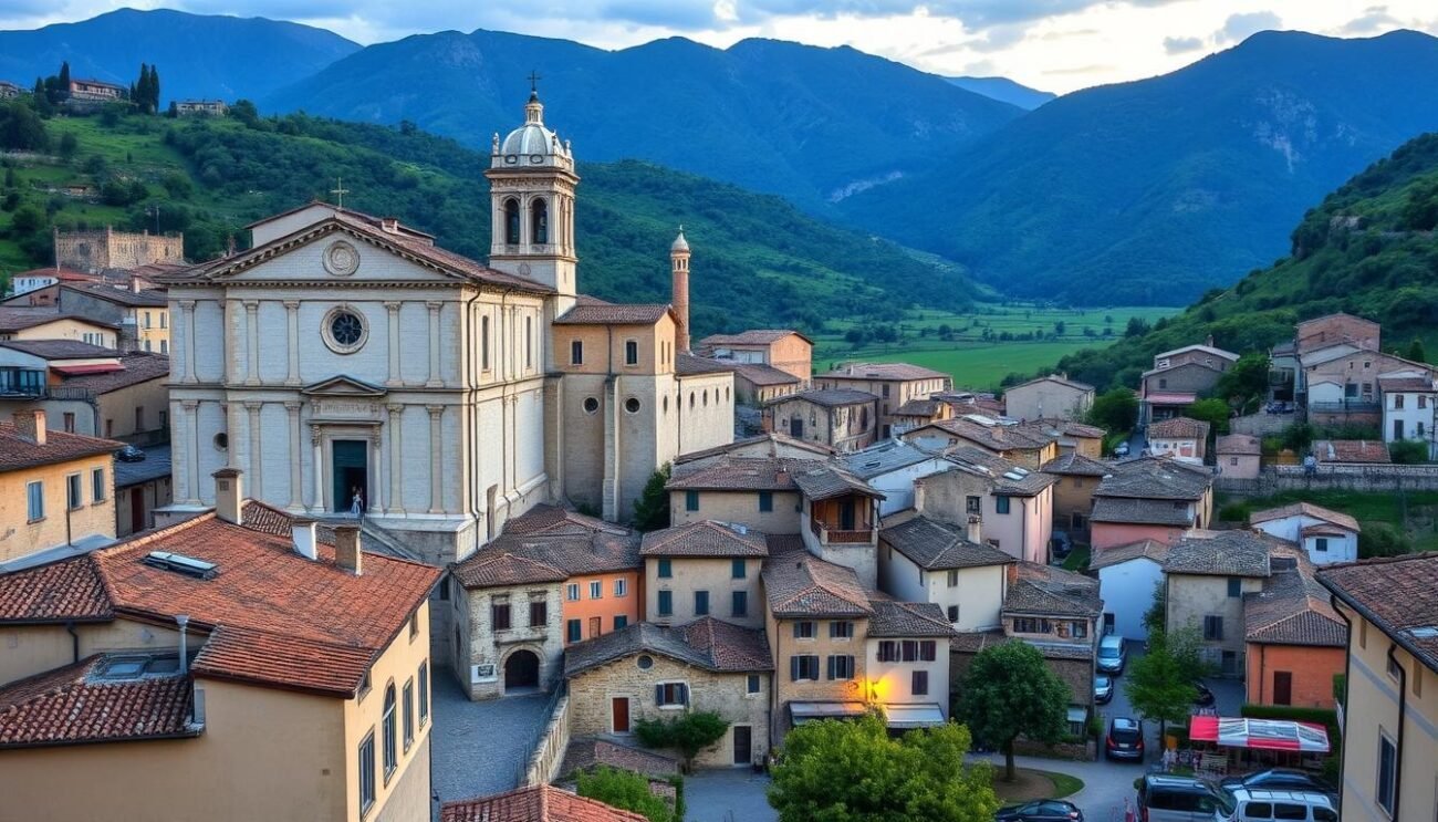 A picturesque medieval town nestled in the rolling hills of southern Italy, Bovino's architectural heritage stands as a testament to its rich history. Capture the essence of this charming locale with a scene showcasing its iconic buildings, from the grand cathedral with its ornate facade to the winding cobblestone streets lined with quaint shops and residences. Utilize a warm, golden-hour lighting to bathe the scene in a soft, ambient glow, creating a sense of timeless tranquility. Employ a wide-angle lens to embrace the town's serene setting, framing the historic structures against a backdrop of lush greenery and dramatic mountainous landscapes. Convey the deep-rooted connection between the town's architectural legacy and the natural beauty of its surrounding environment.