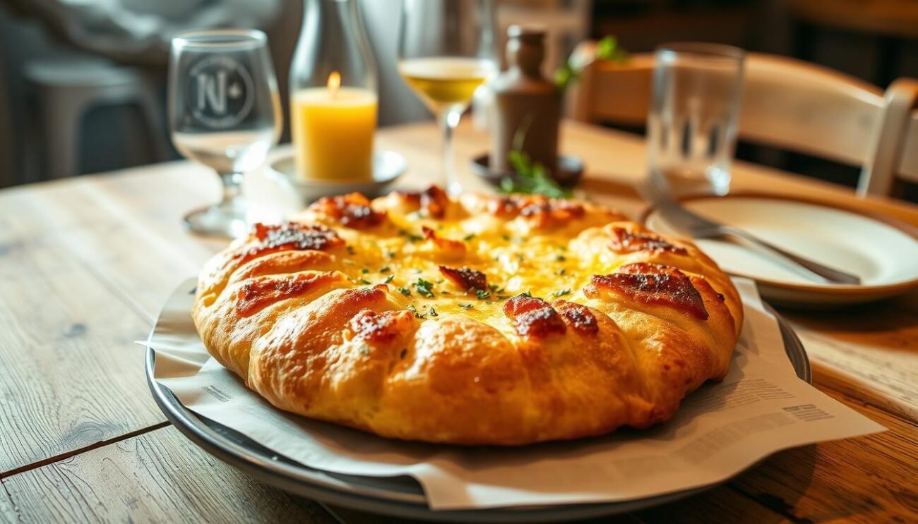 A piping hot, freshly fried "Pizz'e rann" sits invitingly on a platter, its golden-brown crust dotted with crispy pockets of pork crackling. The aroma of fried dough and rendered fat wafts up, mingling with the scent of fresh herbs and a drizzle of local olive oil. In the background, a rustic wooden table is set with a simple yet elegant place setting, hinting at the artisanal tradition and care behind this regional delicacy. Warm, soft lighting casts a cozy glow, creating an atmosphere of authentic Italian charm and homespun hospitality. This image captures the essence of savoring the iconic "Pizz'e rann" in the heart of the Cilento region. A piping hot, freshly fried "Pizz'e rann" sits invitingly on a platter, its golden-brown crust dotted with crispy pockets of pork crackling. The aroma of fried dough and rendered fat wafts up, mingling with the scent of fresh herbs and a drizzle of local olive oil. In the background, a rustic wooden table is set with a simple yet elegant place setting, hinting at the artisanal tradition and care behind this regional delicacy. Warm, soft lighting casts a cozy glow, creating an atmosphere of authentic Italian charm and homespun hospitality. This image captures the essence of savoring the iconic "Pizz'e rann" in the heart of the Cilento region.