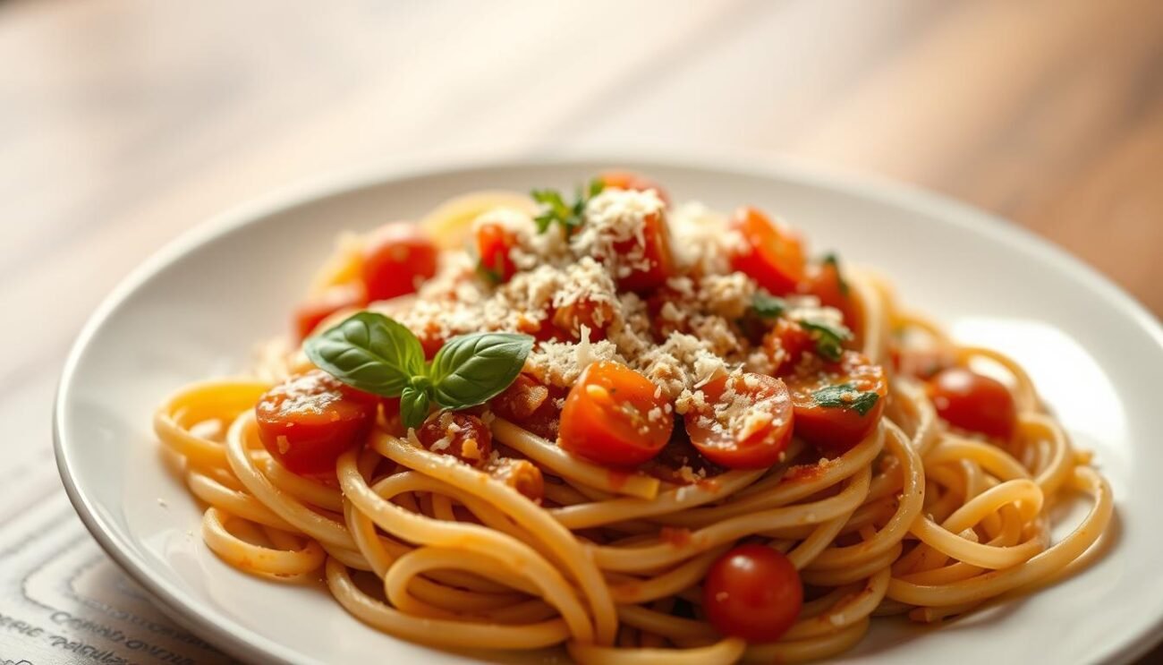 A plate of delectable whole-wheat pasta, cooked al dente, adorned with a vibrant sauce of tomatoes, garlic, and olive oil. Fresh herbs, such as basil and parsley, lend their aromatic touch, while a dusting of grated Parmesan cheese adds a creamy, savory accent. The lighting is soft and warm, creating a comforting, inviting atmosphere. The camera is positioned slightly above the plate, capturing the dish in an appetizing, almost holistic manner. This image perfectly captures the essence of "Pasta per Anziani," emphasizing its role in a balanced diet and its potential to prevent sarcopenia, the age-related loss of muscle mass and strength, in the elderly. A plate of delectable whole-wheat pasta, cooked al dente, adorned with a vibrant sauce of tomatoes, garlic, and olive oil. Fresh herbs, such as basil and parsley, lend their aromatic touch, while a dusting of grated Parmesan cheese adds a creamy, savory accent. The lighting is soft and warm, creating a comforting, inviting atmosphere. The camera is positioned slightly above the plate, capturing the dish in an appetizing, almost holistic manner. This image perfectly captures the essence of "Pasta per Anziani," emphasizing its role in a balanced diet and its potential to prevent sarcopenia, the age-related loss of muscle mass and strength, in the elderly.