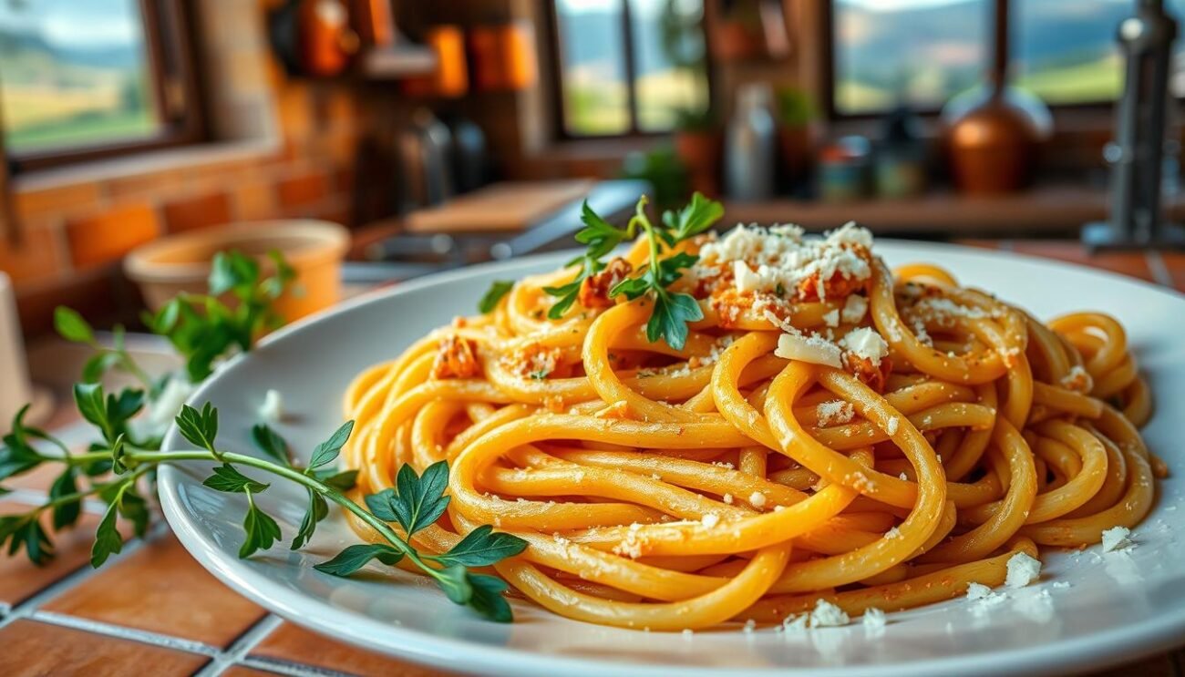 A plate of freshly cooked, al dente pasta with a rich, creamy protein-infused sauce. The pasta strands have a slightly textured, artisanal appearance, glistening under warm lighting. In the foreground, vibrant green herbs and a sprinkle of Parmesan cheese add color and depth. The background features an Italian kitchen setting, with rustic terracotta tiles, copper pots hanging on the walls, and a distant view of a rolling countryside through a window. The overall atmosphere is one of wholesome, nutritious indulgence, perfectly suited for an active lifestyle. A plate of freshly cooked, al dente pasta with a rich, creamy protein-infused sauce. The pasta strands have a slightly textured, artisanal appearance, glistening under warm lighting. In the foreground, vibrant green herbs and a sprinkle of Parmesan cheese add color and depth. The background features an Italian kitchen setting, with rustic terracotta tiles, copper pots hanging on the walls, and a distant view of a rolling countryside through a window. The overall atmosphere is one of wholesome, nutritious indulgence, perfectly suited for an active lifestyle.