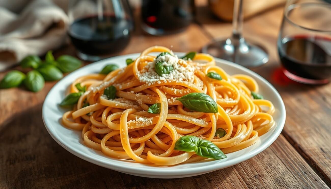 A plate of freshly cooked whole wheat pasta, glistening with a light coating of olive oil, rests atop a rustic wooden table. Ribbons of al dente pasta intertwine, their nutty brown hue contrasting with the vibrant green of fresh basil leaves scattered throughout. A sprinkle of grated Parmesan cheese adds a touch of savory elegance, while a glass of red wine in the background sets the scene for an authentic Italian dining experience. Soft, natural lighting casts warm shadows, evoking the cozy ambiance of a family kitchen. The composition captures the simple yet delicious essence of properly prepared whole grain pasta, ready to be enjoyed.