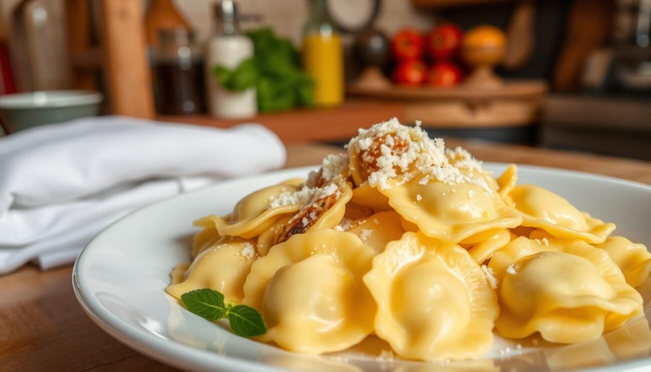 A plate of freshly made pasta ripiena, or stuffed pasta, takes center stage against a backdrop of a rustic Italian kitchen. The handcrafted ravioli, tortellini, or agnolotti are plump with a savory filling, their delicate golden hues glistening under the warm, soft lighting. Garnished with a sprinkling of freshly grated Parmesan and a drizzle of fragrant olive oil, the pasta ripiena beckons, promising a delightful balance of flavors and textures. The scene conveys a sense of homemade comfort and culinary craftsmanship, perfectly suited to illustrate the section on the ideal portion size for this indulgent pasta dish.