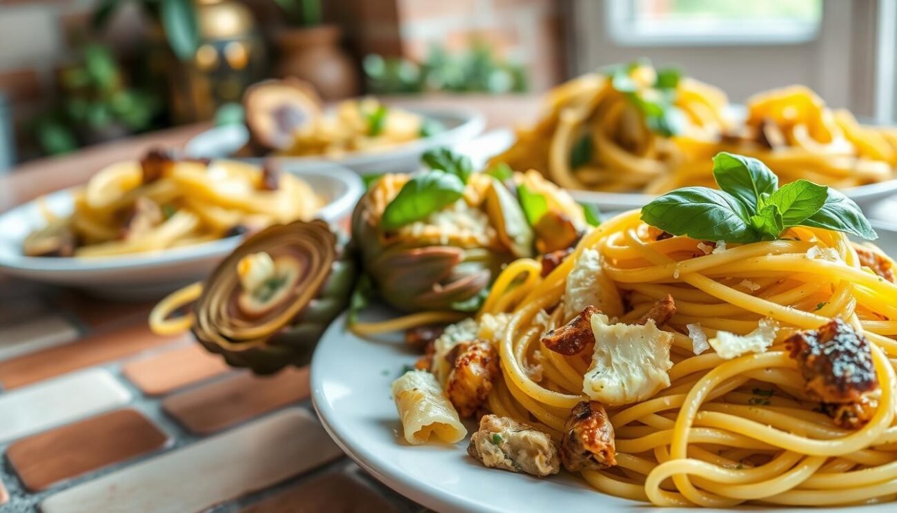 A plate of freshly prepared vegetarian pasta dishes, featuring tender artichoke hearts and a vibrant array of colors and textures. The foreground showcases the main attraction - al dente pasta twirled with sautéed artichoke wedges, garnished with torn basil leaves and a drizzle of olive oil. In the middle ground, a variety of pasta shapes, from classic spaghetti to short, curly varieties, are presented alongside grilled or roasted artichoke halves. The background hints at a rustic Italian kitchen setting, with terracotta tiles, a wooden table, and perhaps a glimpse of a window overlooking a lush garden. The lighting is soft and natural, accentuating the vibrant hues of the vegetables and the appetizing presentation of the dishes. A plate of freshly prepared vegetarian pasta dishes, featuring tender artichoke hearts and a vibrant array of colors and textures. The foreground showcases the main attraction - al dente pasta twirled with sautéed artichoke wedges, garnished with torn basil leaves and a drizzle of olive oil. In the middle ground, a variety of pasta shapes, from classic spaghetti to short, curly varieties, are presented alongside grilled or roasted artichoke halves. The background hints at a rustic Italian kitchen setting, with terracotta tiles, a wooden table, and perhaps a glimpse of a window overlooking a lush garden. The lighting is soft and natural, accentuating the vibrant hues of the vegetables and the appetizing presentation of the dishes.