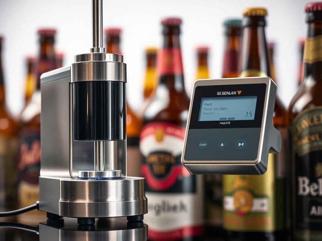 A precise and accurate densimeter, its polished stainless steel body gleaming under soft studio lighting. The instrument's sleek design and digital display convey a sense of modern, scientific precision. In the background, a blurred yet recognizable array of beer bottles, hinting at the densimeter's practical application in the craft brewing industry. The overall mood is one of technical proficiency and quality control, perfectly suited to illustrate the advantages of a precise densimeter in beer analysis.