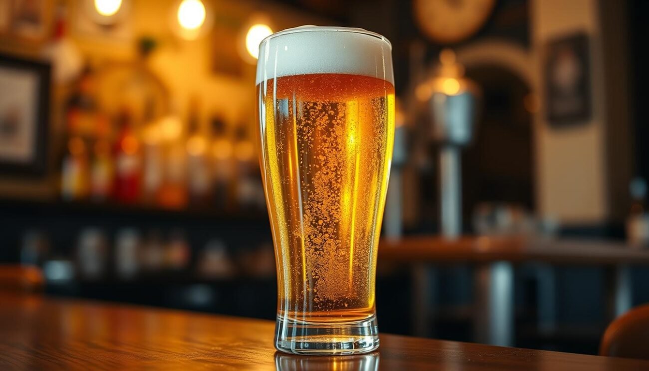 A pristine glass filled with a golden, effervescent ale, gently illuminated by soft, warm lighting. The liquid shimmers and dances, reflecting the intricate patterns of the glass. The head is a creamy, frothy crown, promising a smooth, satisfying drinking experience. In the background, a blurred, cozy Italian café or brewpub setting, hinting at the cultural heritage and craftsmanship behind this captivating beverage. The overall scene evokes a sense of quality, tradition, and the pleasures of savoring a well-crafted ale.