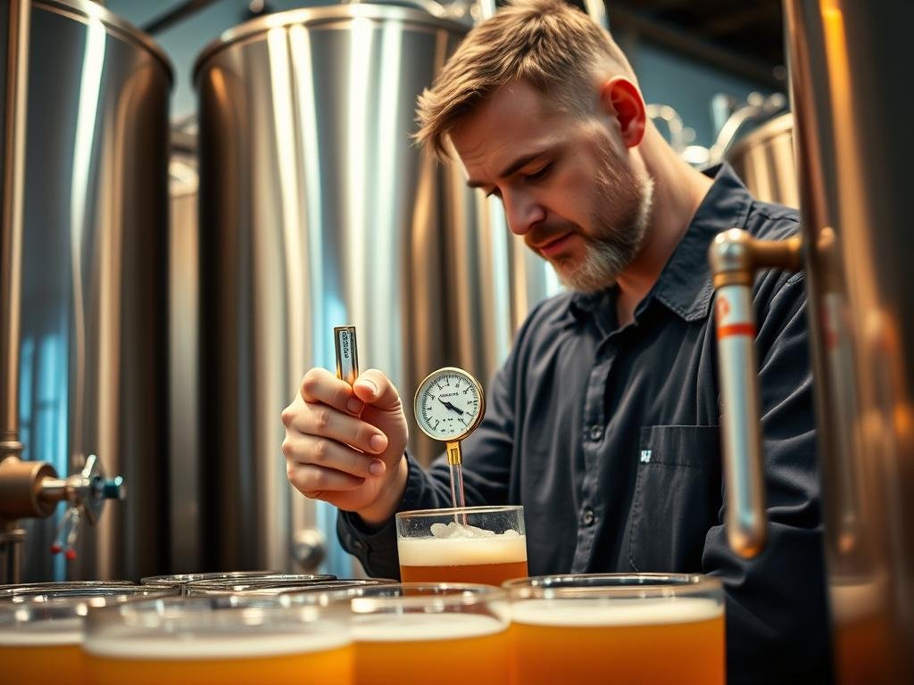 A professional brewer carefully inspects the density of freshly fermented craft beer wort, meticulously monitoring the fermentation process. The scene is set against a backdrop of gleaming stainless steel equipment, hinting at the sophisticated technology involved in small-batch beer production. Warm, soft lighting illuminates the hands-on, artisanal nature of the work, as the brewer intently studies the hydrometer reading, ensuring precise control over the final product. This image captures the intersection of tradition and innovation that defines the craft beer movement, conveying the importance of maintaining quality standards throughout the preparation and fermentation stages.