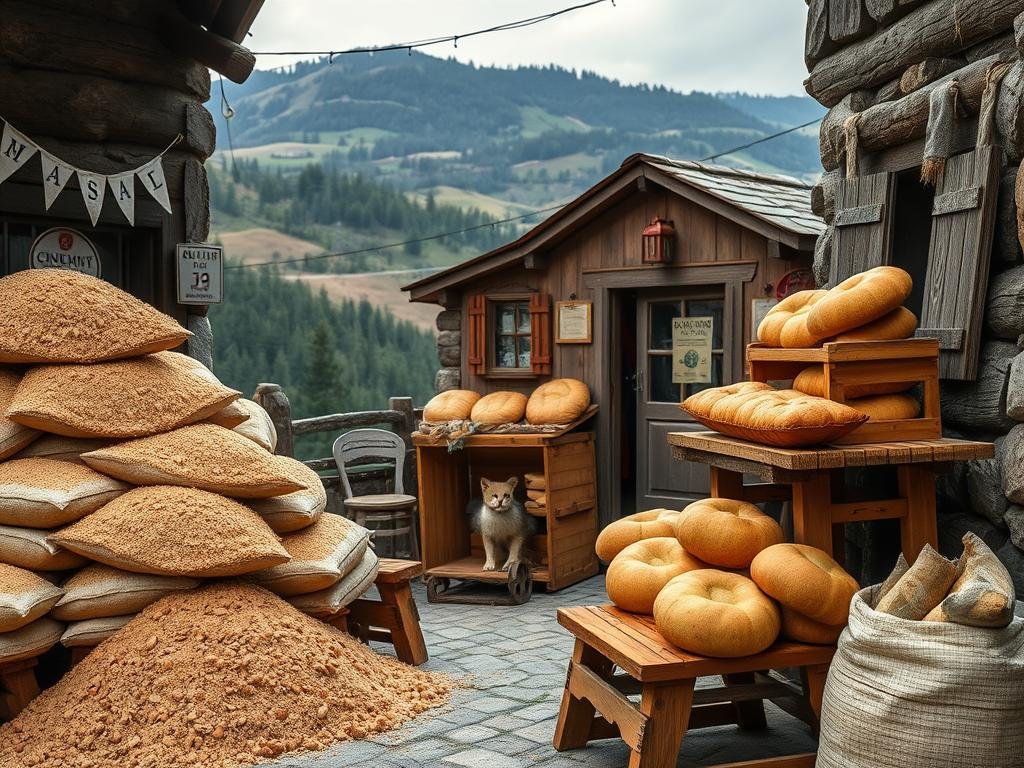 A quaint mountain scene showcasing the distribution of Apuan chestnut flour. In the foreground, wooden crates and sacks are stacked neatly, their contents spilling out in a warm, earthy cascade. A rustic wooden table holds an array of traditional baked goods, their golden crusts inviting. The middle ground reveals a small, charming storefront, its weathered facade adorned with vintage signage. In the background, picturesque rolling hills and lush forests create a serene, pastoral atmosphere. Soft, diffused lighting casts a gentle glow, highlighting the artisanal craftsmanship and the rich cultural heritage of this Ligurian delicacy. The scene exudes a sense of authenticity and timelessness, capturing the essence of the Apuan chestnut flour's distribution and the traditions that surround it.