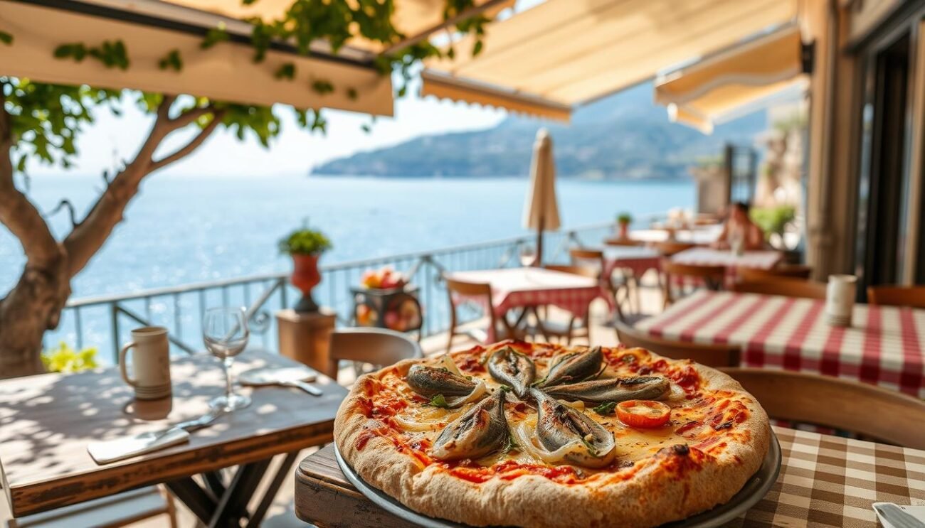 A quaint trattoria nestled in the picturesque Ponente Ligure region, its sun-dappled terrace overlooking the sparkling Mediterranean. On the menu, a tantalizing dish: Sardenaira, a traditional Ligurian pizza adorned with fresh sardines, onions, and olive oil. The aroma of baking dough and sizzling seafood wafts through the air, beckoning passersby to step inside and savor this local delicacy. Rustic wooden tables, checkered tablecloths, and the gentle hum of conversation create a convivial atmosphere, inviting diners to linger and indulge in the flavors of the Riviera. A quaint trattoria nestled in the picturesque Ponente Ligure region, its sun-dappled terrace overlooking the sparkling Mediterranean. On the menu, a tantalizing dish: Sardenaira, a traditional Ligurian pizza adorned with fresh sardines, onions, and olive oil. The aroma of baking dough and sizzling seafood wafts through the air, beckoning passersby to step inside and savor this local delicacy. Rustic wooden tables, checkered tablecloths, and the gentle hum of conversation create a convivial atmosphere, inviting diners to linger and indulge in the flavors of the Riviera.