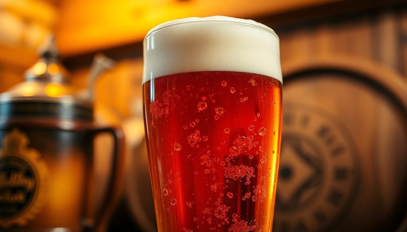 A rich, amber-hued Doppelbock beer, glistening under warm, soft lighting. Waves of caramelized malt aromas waft upwards, mingling with subtle notes of dark fruit and a hint of toasted nuts. The thick, creamy head slowly dissipates, revealing the beer's smooth, velvety texture. Intricate patterns of carbonation dance within the glass, hinting at the robust, complex flavors to come. In the background, a blurred view of traditional German beer steins and wooden barrels, evoking the centuries-old brewing traditions of Bavaria. This image captures the essence of the Doppelbock's unique characteristics - its deep, malty sweetness, its full-bodied richness, and its enduring legacy as a beloved specialty of the region.