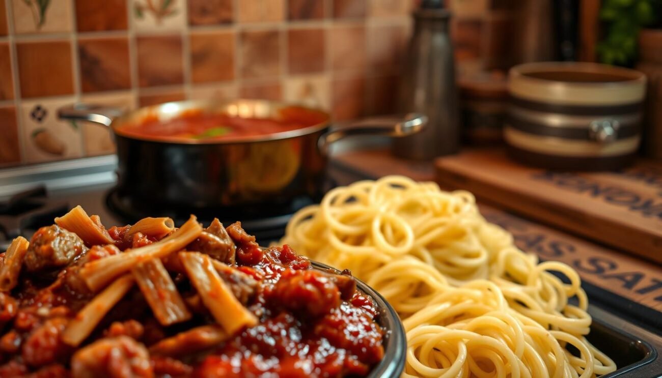 A rich, aromatic sugo al lampredotto simmers on the stovetop, its deep, savory notes mingling with the earthy fragrance of Tuscan herbs. In the foreground, tender strips of lampredotto, a traditional Florentine offal dish, are gently cooked until meltingly soft. The middle ground reveals a pile of freshly cooked pasta, waiting to be dressed with the robust, flavorful sauce. A backdrop of rustic Italian kitchen elements, such as terracotta tiles and a weathered wooden surface, lends an authentic, homemade feel to the scene. Warm, golden lighting casts a inviting glow, highlighting the vibrant colors and textures of this quintessential Tuscan dish. A rich, aromatic sugo al lampredotto simmers on the stovetop, its deep, savory notes mingling with the earthy fragrance of Tuscan herbs. In the foreground, tender strips of lampredotto, a traditional Florentine offal dish, are gently cooked until meltingly soft. The middle ground reveals a pile of freshly cooked pasta, waiting to be dressed with the robust, flavorful sauce. A backdrop of rustic Italian kitchen elements, such as terracotta tiles and a weathered wooden surface, lends an authentic, homemade feel to the scene. Warm, golden lighting casts a inviting glow, highlighting the vibrant colors and textures of this quintessential Tuscan dish.