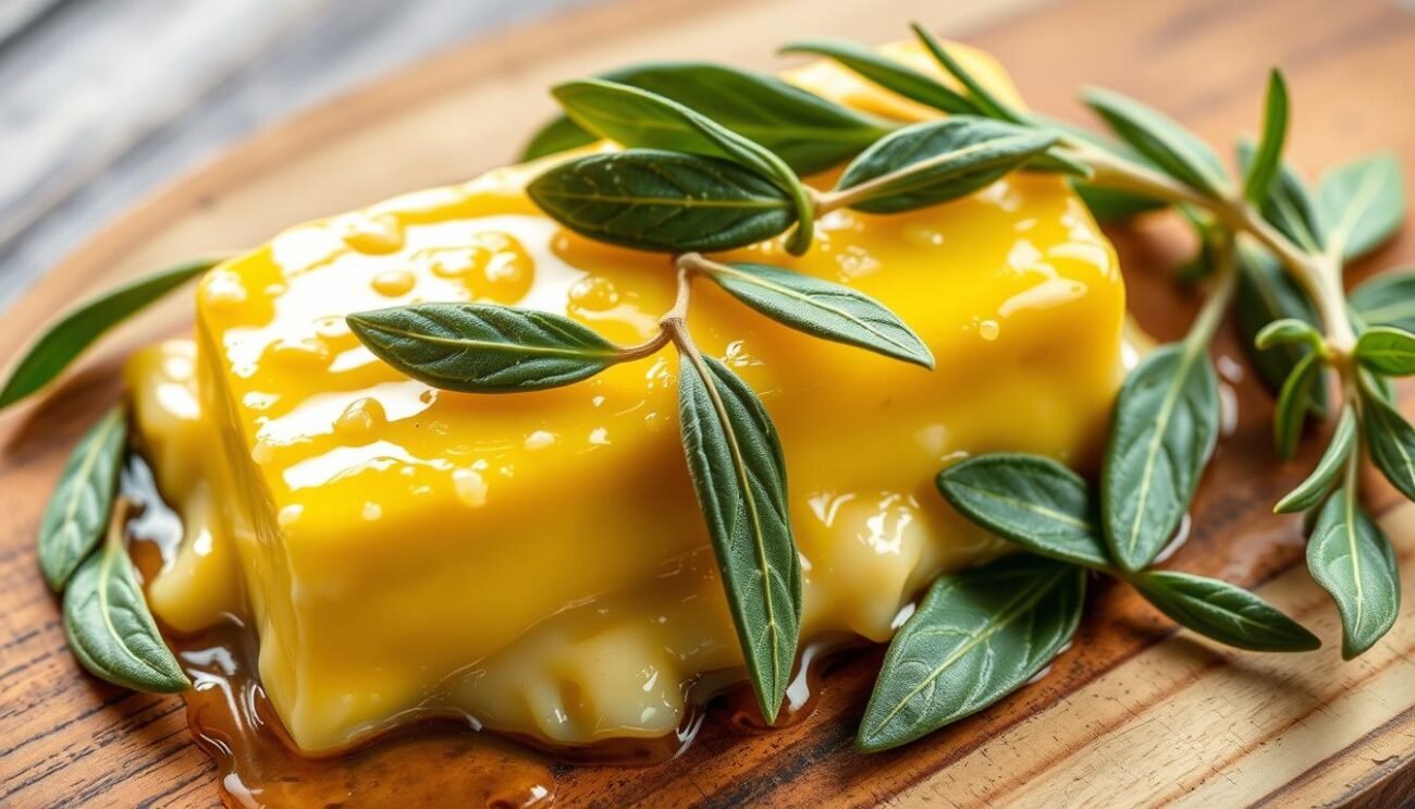 A rich, creamy blend of butter and fresh sage, simmered to a golden hue and glistening with a hint of garlic. The fragrant herb leaves dance in the light, casting delicate shadows across the glossy surface. Artfully arranged on a rustic wooden board, this versatile condiment exudes the inviting aroma of an authentic Italian kitchen. Capture the essence of simplicity and tradition in this artisanal culinary masterpiece.