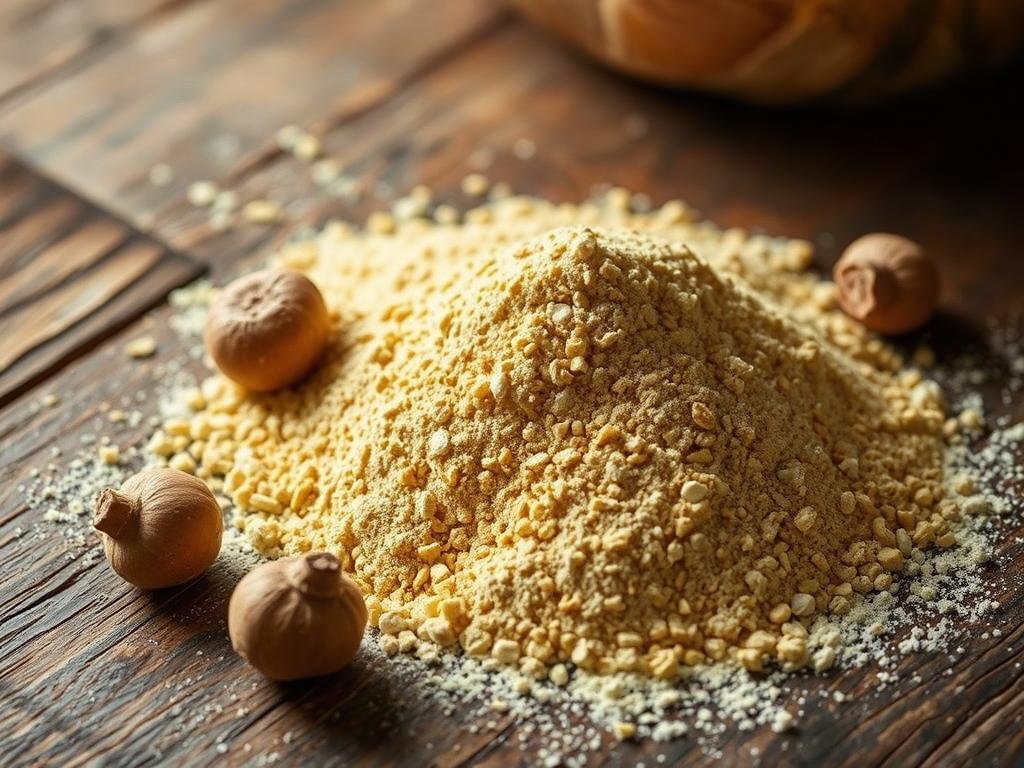 A rich, golden-hued flour glistens on a rustic wooden surface, its granular texture inviting touch. Slender chestnut shells lie nearby, a testament to the laborious process of extracting this prized ingredient from the chestnut groves of Monte Amiata. Soft, diffused lighting casts gentle shadows, emphasizing the flour's warm, earthy tones. The image evokes the tradition and craftsmanship of this unique Tuscan specialty, perfectly capturing the essence of "Farina Castagne Monte Amiata: Caratteristiche e Qualità".