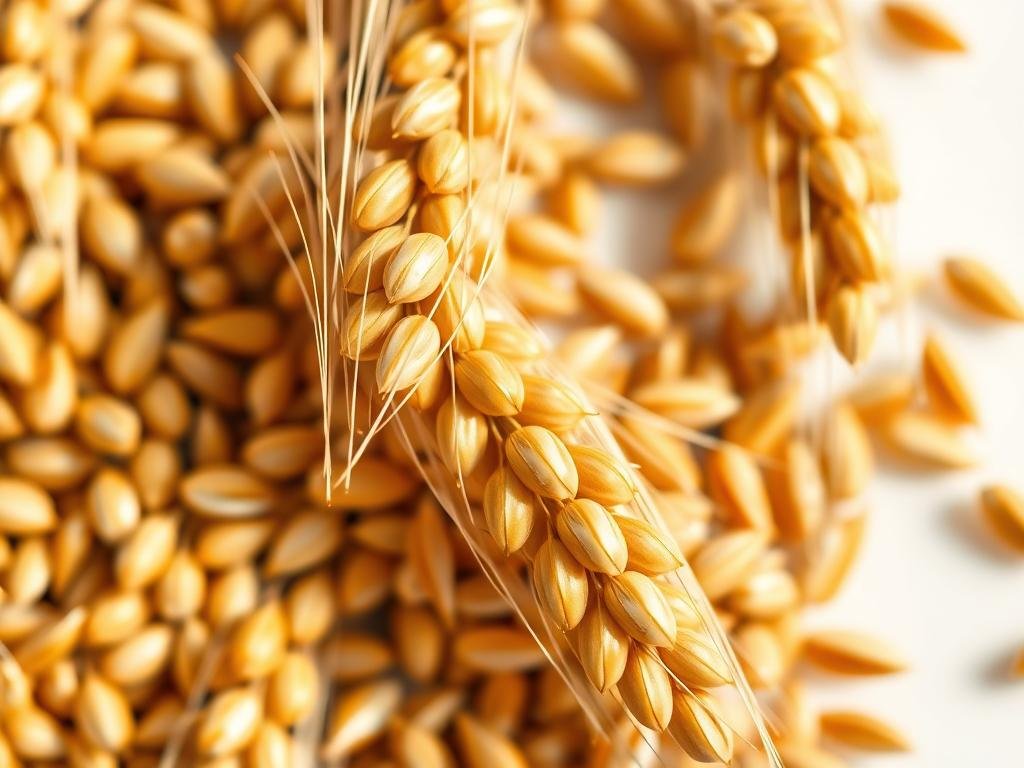 A richly textured close-up photograph of certified organic barley grains, showcasing their distinct golden hues and intricate patterns. The barley kernels are displayed against a clean, minimal background, bathed in soft, natural lighting that accentuates their organic integrity. The image conveys a sense of quality, purity, and the care taken in the production of this wholesome grain, reflecting the essence of the "Integrità e Qualità: Dall'Orzo Mondo all'Orzo in Commercio" section.