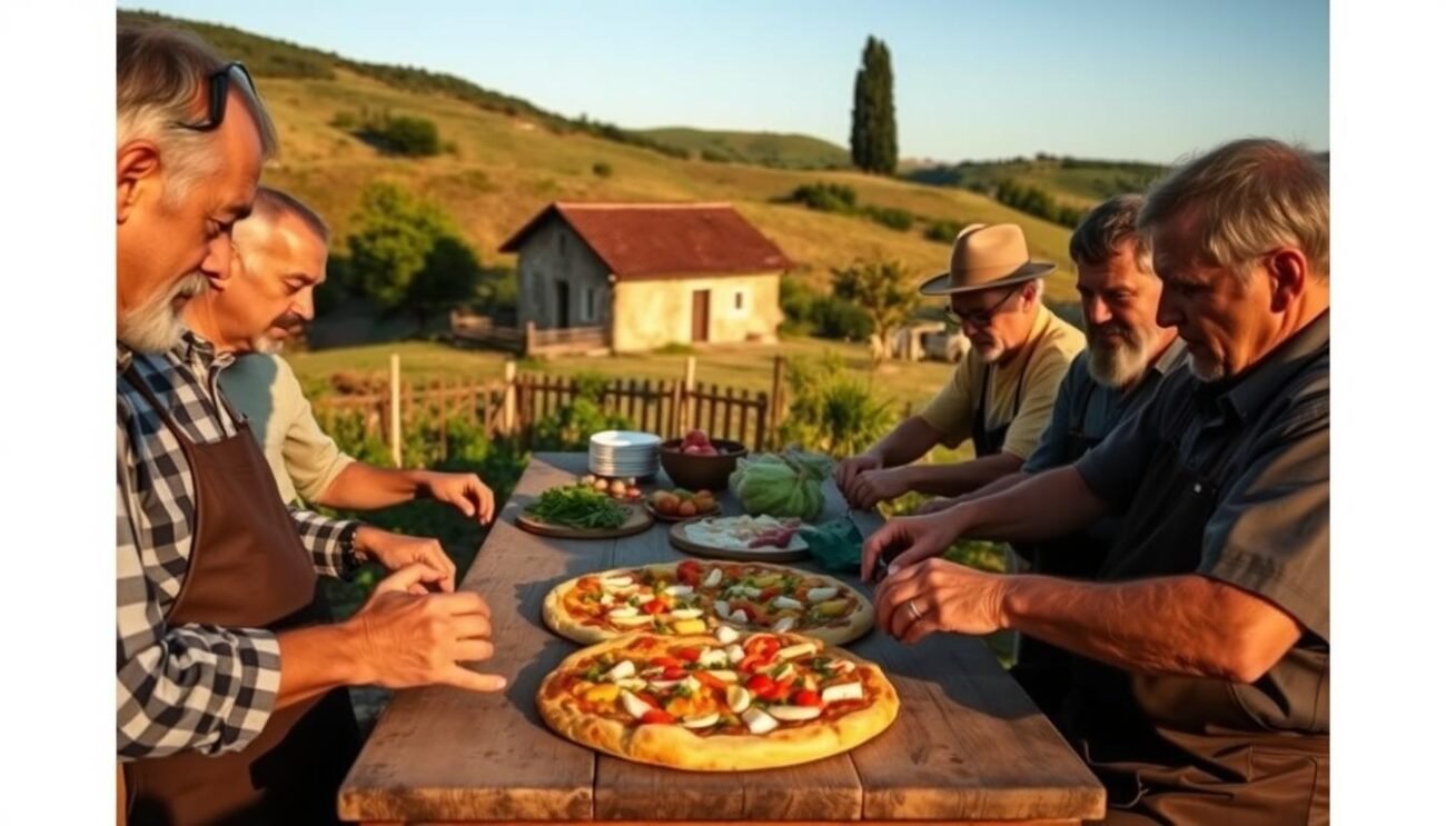 A rustic Italian countryside scene, with a small farmhouse in the background, nestled among rolling hills and lush greenery. In the foreground, a group of farmers are gathered around a large, wooden table, preparing traditional Pizz'e foje, a pizza topped with locally grown vegetables. The scene is bathed in warm, golden light, casting long shadows across the table and the surrounding landscape. The farmers' hands are weathered from years of hard work, as they carefully assemble the pizza, using fresh, vibrant ingredients from their own gardens. The atmosphere is one of community, tradition, and the celebration of the region's rich agricultural heritage. A rustic Italian countryside scene, with a small farmhouse in the background, nestled among rolling hills and lush greenery. In the foreground, a group of farmers are gathered around a large, wooden table, preparing traditional Pizz'e foje, a pizza topped with locally grown vegetables. The scene is bathed in warm, golden light, casting long shadows across the table and the surrounding landscape. The farmers' hands are weathered from years of hard work, as they carefully assemble the pizza, using fresh, vibrant ingredients from their own gardens. The atmosphere is one of community, tradition, and the celebration of the region's rich agricultural heritage.
