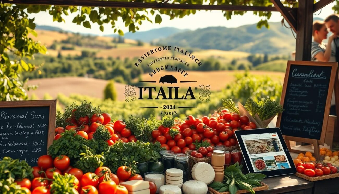 A rustic Italian countryside, sun-dappled and verdant, with rolling hills in the distance. In the foreground, a farmer's market stall overflows with vibrant produce - heirloom tomatoes, fragrant herbs, and artisanal cheeses. Across the scene, a mix of traditional and digital marketing techniques blend seamlessly - a chalkboard menu, a vintage-inspired logo, and a tablet displaying an e-commerce website. The atmosphere is one of tradition and modernity, where the local and the global intersect to showcase the rich culinary heritage of the region. A rustic Italian countryside, sun-dappled and verdant, with rolling hills in the distance. In the foreground, a farmer's market stall overflows with vibrant produce - heirloom tomatoes, fragrant herbs, and artisanal cheeses. Across the scene, a mix of traditional and digital marketing techniques blend seamlessly - a chalkboard menu, a vintage-inspired logo, and a tablet displaying an e-commerce website. The atmosphere is one of tradition and modernity, where the local and the global intersect to showcase the rich culinary heritage of the region.