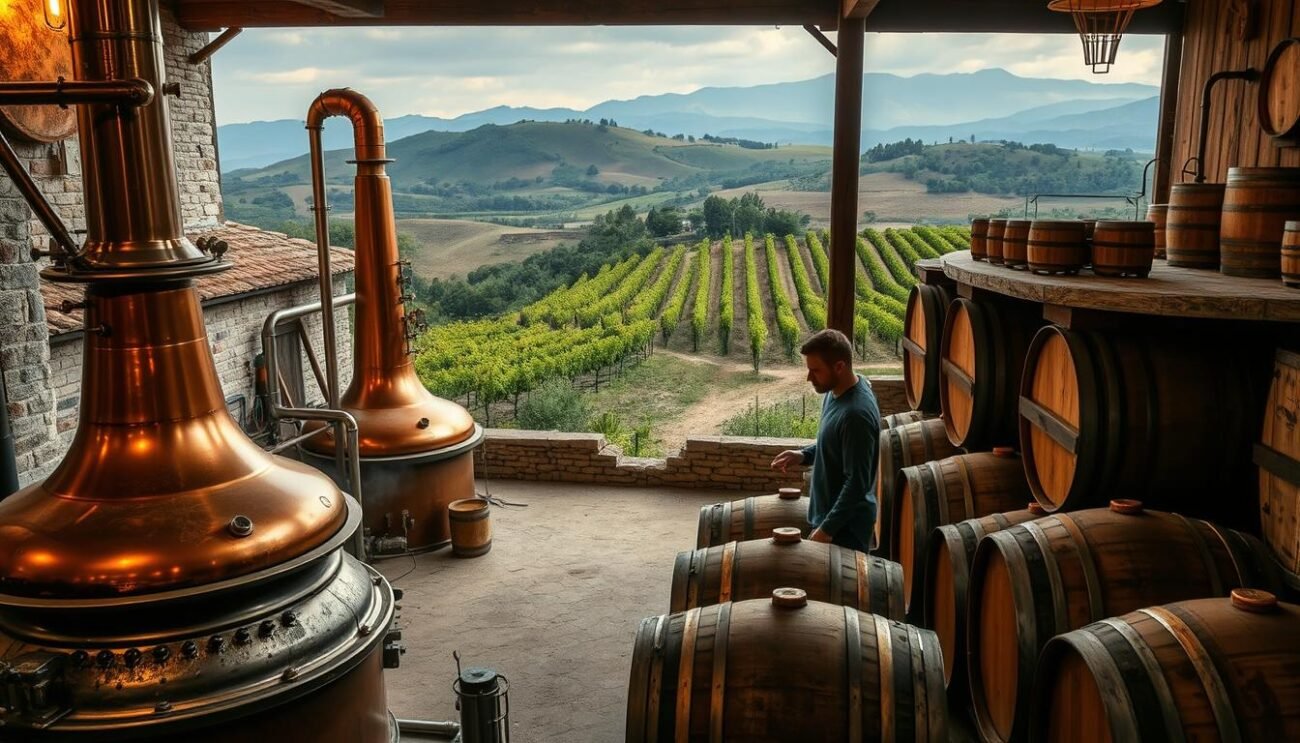 A rustic Italian distillery nestled among rolling hills, with copper stills gleaming under soft, warm lighting. In the foreground, a master distiller carefully monitors the slow, meticulous distillation process, meticulously tending to the aromatic vapors rising from the alembic. In the middle ground, oak barrels line the weathered wooden shelves, each bearing the marks of time and craftsmanship. The background reveals a panoramic view of the surrounding vineyards, their verdant canopies swaying gently in the breeze. The atmosphere is one of tradition, patience, and the pursuit of artisanal perfection, embodying the essence of "Brandy Artigianale: Microdistillazione Italiana di Qualità."
