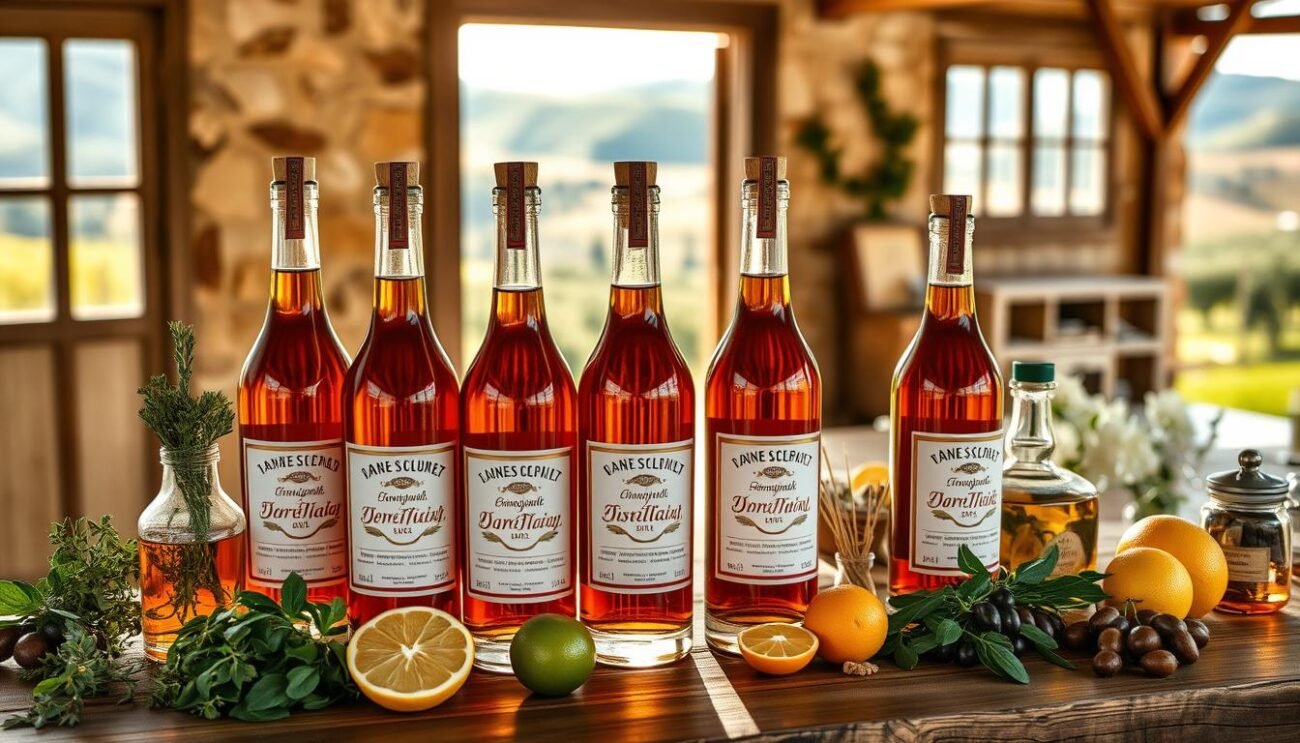 A rustic Italian farmhouse nestled in the rolling hills, sunlight filtering through the windows. On a wooden table, an array of artisanal glass bottles containing amber liquids, each with a unique label showcasing the distiller's craft. The bottles are surrounded by fresh herbs, citrus fruits, and other natural ingredients, reflecting the organic, sustainable philosophy of Italian distilled spirits. In the background, a glimpse of vineyards and olive groves, the very essence of the Italian countryside. The scene exudes a sense of tradition, quality, and a deep connection to the land.
