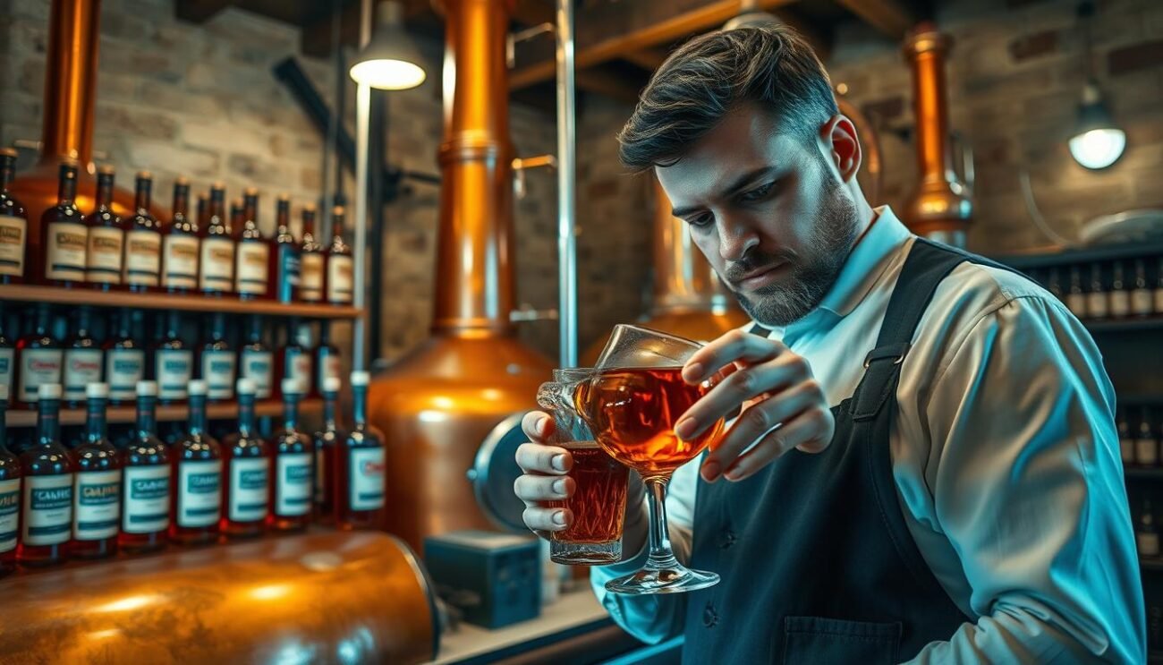 A rustic Italian grappa distillery, with copper stills gleaming under warm lighting. On the shelves, bottles of amber-hued liquor, each with a unique label reflecting the artisanal craftsmanship. In the foreground, a skilled distiller carefully pours the fragrant spirit into a crystal glass, the distinct aroma filling the air. The scene conveys the centuries-old tradition and the unwavering dedication to preserving the legacy of this quintessential Italian spirit.