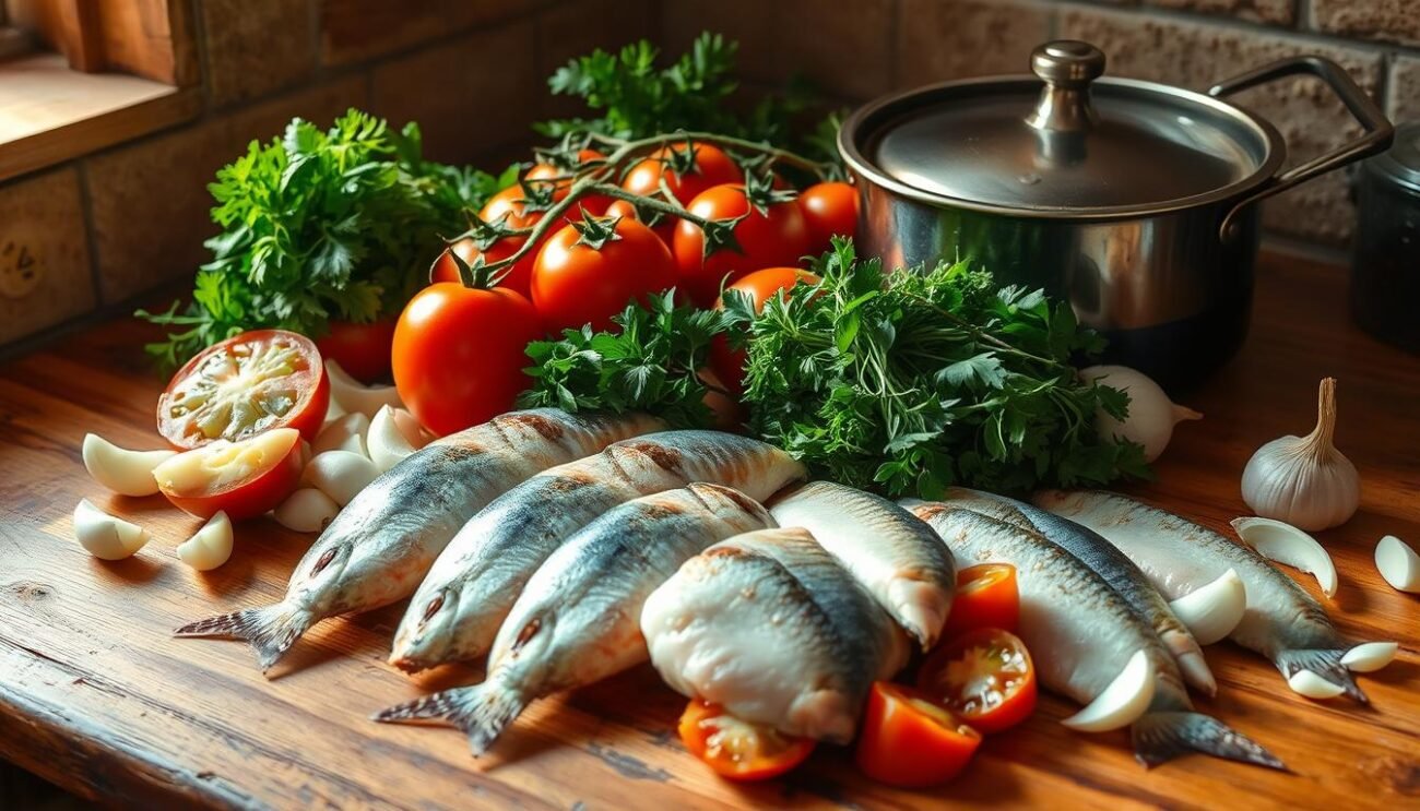 A rustic Italian kitchen counter, bathed in warm, golden light. On the surface, an assortment of fresh, vibrant ingredients for a seafood ragù: glistening tomatoes, fragrant herbs, chopped onions, garlic cloves, and a selection of fresh, sustainable fish fillets. The scene evokes the comforting aroma of a simmering pot, ready to transform these humble elements into a flavorful, light alternative to the classic meat-based ragù. The composition is simple yet elegant, capturing the essence of this humble, yet refined Italian dish.
