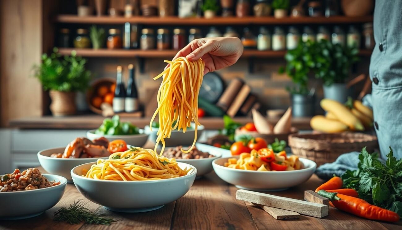 A rustic Italian kitchen filled with fresh ingredients. On a wooden table, bowls of whole-wheat pasta, lean protein, and vibrant vegetables. Warm, natural lighting casts a cozy glow. In the foreground, a chef's hands expertly tossing the pasta, creating a delicious-looking dish. In the background, shelves lined with jars of herbs and spices, hinting at the flavorful recipes to come. The scene evokes simplicity, health, and the joy of homemade Italian cuisine. A rustic Italian kitchen filled with fresh ingredients. On a wooden table, bowls of whole-wheat pasta, lean protein, and vibrant vegetables. Warm, natural lighting casts a cozy glow. In the foreground, a chef's hands expertly tossing the pasta, creating a delicious-looking dish. In the background, shelves lined with jars of herbs and spices, hinting at the flavorful recipes to come. The scene evokes simplicity, health, and the joy of homemade Italian cuisine.