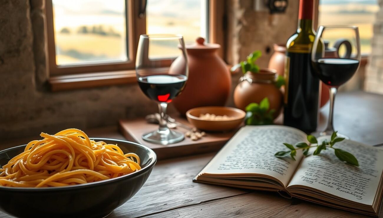 A rustic Italian kitchen scene, soft natural lighting streaming through a window. In the foreground, a bowl of freshly cooked pasta, its delicate strands swirling invitingly. Beside it, an elegant glass of red wine, a symbol of the Mediterranean lifestyle. In the middle ground, an open book with handwritten notes, hinting at the nutritional balance required for diabetes management. The background features classic Italian pottery, a sprig of fresh basil, and a glimpse of a rolling countryside landscape beyond, evoking the importance of whole, unprocessed foods. The overall atmosphere is one of thoughtful contemplation, a fusion of tradition and modern dietary concerns.