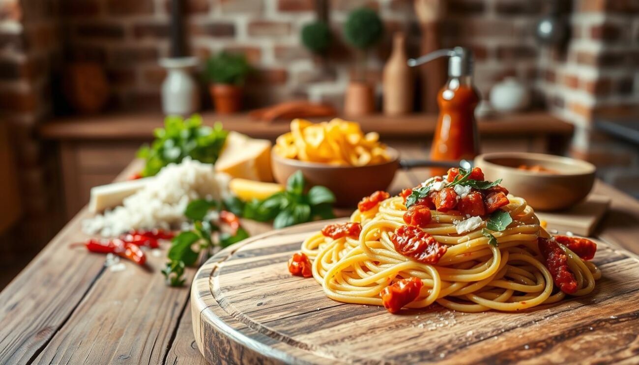 A rustic Italian kitchen setting, with freshly cooked pasta and 'nduja sausage. In the foreground, a wooden board displays the pasta and 'nduja, ready to be served. The middle ground features an assortment of complementary ingredients, such as fresh herbs, grated cheese, and crushed chili peppers. The background showcases a simple, warm-toned room with exposed brick walls and a few Italian-inspired decorative elements. The lighting is soft and natural, creating a cozy, inviting atmosphere. The overall composition emphasizes the vibrant colors and textures of the Italian cuisine, inviting the viewer to imagine the delicious flavors and aromas.