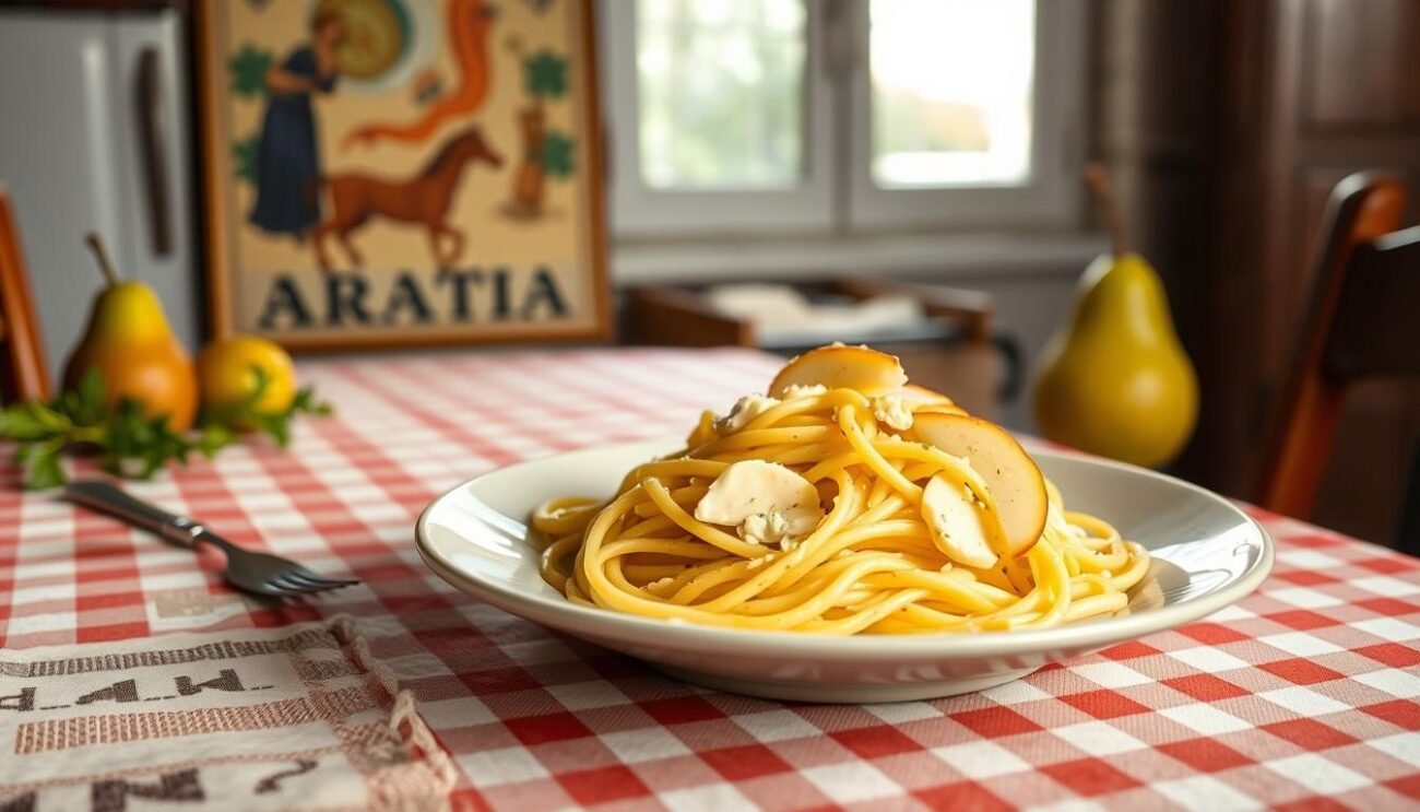 A rustic Italian kitchen table, adorned with a checkered tablecloth, showcases a delectable plate of "Varianti pasta gorgonzola e pere". The pasta, twirled with creamy gorgonzola cheese, is complemented by the sweetness of juicy pear slices. Soft lighting from a window illuminates the scene, casting a warm, cozy atmosphere. In the background, a vintage Italian poster or painting adds a touch of authentic charm. The overall composition evokes the homespun, artisanal nature of this regional pasta dish, inviting the viewer to savor the flavors of this delightful variation on a classic recipe.