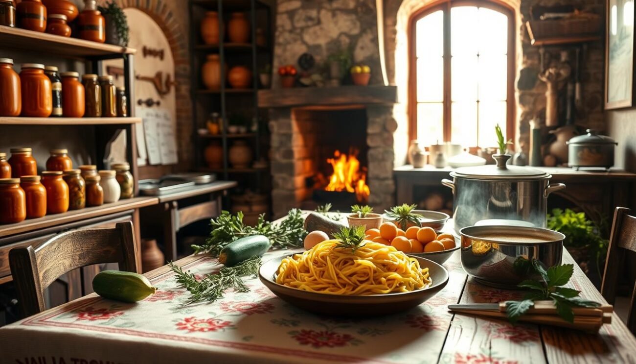 A rustic Italian kitchen, warm and cozy, with shelves lined with terra cotta pots and jars of preserved vegetables. In the center, a large wooden table, its surface adorned with a vibrant, hand-embroidered tablecloth. On the table, an array of seasonal ingredients - fresh zucchini, fragrant herbs, and a steaming pot of creamy pasta. The light filters in through a large window, casting a soft, golden glow over the scene. In the background, a weathered stone fireplace crackles with a comforting flame. This timeless tableau captures the essence of Italian culinary heritage, where the humble zucca (pumpkin) has been woven into the fabric of the nation's iconic dishes for generations.