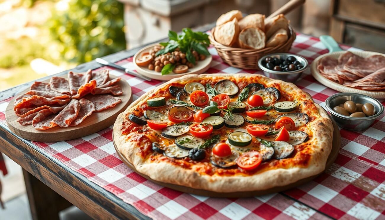 A rustic Italian outdoor setting, with a wooden table adorned with a red-and-white checkered tablecloth. On the table, an enticing Pizz'e foje, its crust golden-brown and its toppings a vibrant array of freshly picked vegetables - zucchini, eggplant, tomatoes, and aromatic herbs. Surrounding the pizza, various classic Italian antipasti and sides, such as a platter of cured meats, a basket of crusty bread, and a bowl of mixed olives. Soft, diffused natural lighting casts a warm glow over the scene, evoking the Mediterranean atmosphere of the Amalfi Coast. The overall composition is inviting and appetizing, showcasing the harmonious blend of flavors and textures that make the Pizz'e foje a treasured local delicacy. A rustic Italian outdoor setting, with a wooden table adorned with a red-and-white checkered tablecloth. On the table, an enticing Pizz'e foje, its crust golden-brown and its toppings a vibrant array of freshly picked vegetables - zucchini, eggplant, tomatoes, and aromatic herbs. Surrounding the pizza, various classic Italian antipasti and sides, such as a platter of cured meats, a basket of crusty bread, and a bowl of mixed olives. Soft, diffused natural lighting casts a warm glow over the scene, evoking the Mediterranean atmosphere of the Amalfi Coast. The overall composition is inviting and appetizing, showcasing the harmonious blend of flavors and textures that make the Pizz'e foje a treasured local delicacy.