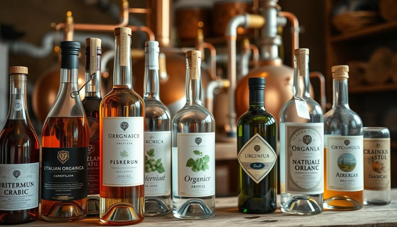A rustic Italian still life featuring an array of artisanal Italian organic spirits. In the foreground, an assortment of glass bottles with elegant labels showcasing the distinct branding and certification marks of various producers. The middle ground features a wooden table or surface, perhaps a distillery counter, with copper alembics, glass pipettes, and other distilling equipment, hinting at the meticulous production processes involved. The background is softly blurred, suggesting a warm, inviting atmosphere, perhaps a cozy tasting room or cellar. Soft, natural lighting illuminates the scene, emphasizing the quality and craftsmanship of these premium Italian organic spirits.