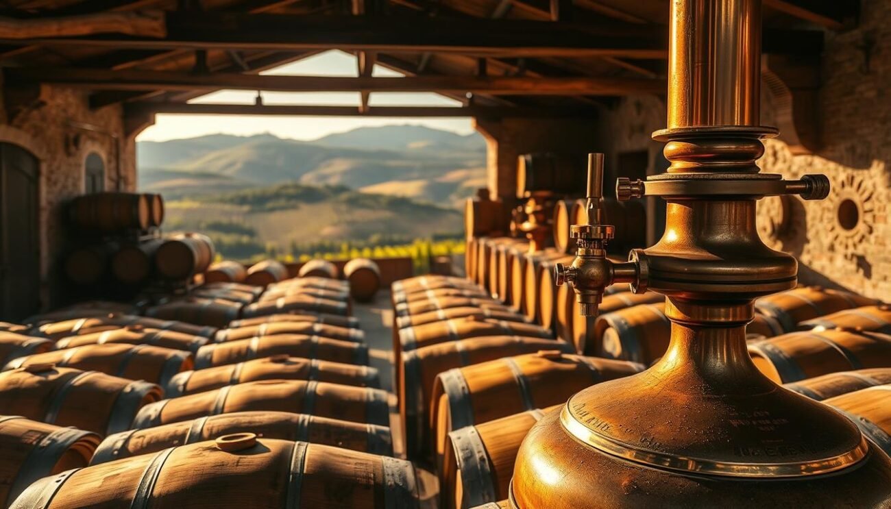 A rustic Italian winery, bathed in warm afternoon light. Rows of oak barrels sit neatly arranged, their surfaces etched with the passage of time. In the foreground, a copper still gleams, its intricate coils and valves hinting at the alchemical process of distillation. The air is thick with the intoxicating aroma of aging brandy, mingling with the scent of polished wood and well-worn leather. Distant vineyard hills provide a lush, verdant backdrop, completing the picture of a time-honored craft passed down through generations. The scene captures the essence of traditional Italian brandy production, where quality, artistry, and a reverence for tradition reign supreme.