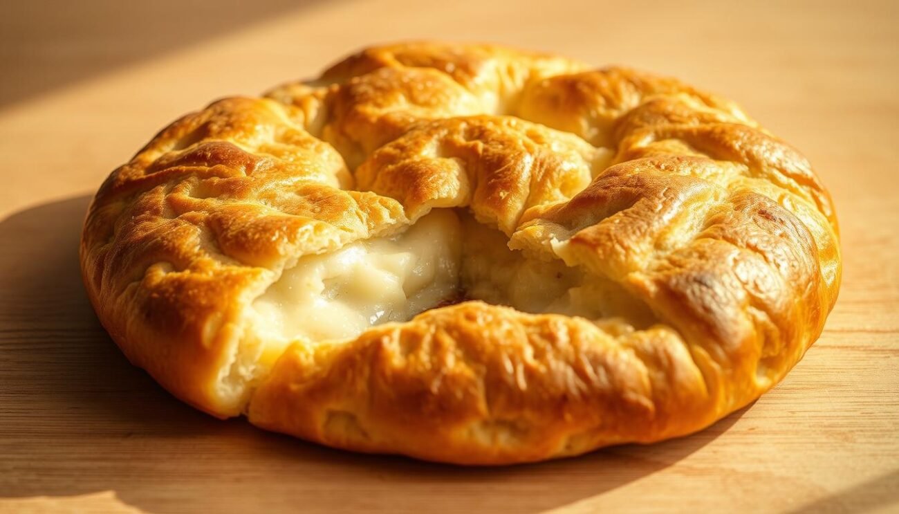 A rustic Ligurian focaccia di Recco, its thin, crisp dough encasing a melted, gooey core of soft, creamy cheese. The golden-brown crust glistens under warm, natural lighting, casting soft shadows across the irregular surface. Viewed from an elevated angle, the focaccia fills the frame, its edges curling invitingly. The background is a simple, neutral studio setup, allowing the historic delicacy to be the focal point. An artisanal, time-honored creation, this focaccia di Recco embodies the rich culinary heritage of the Italian Riviera.