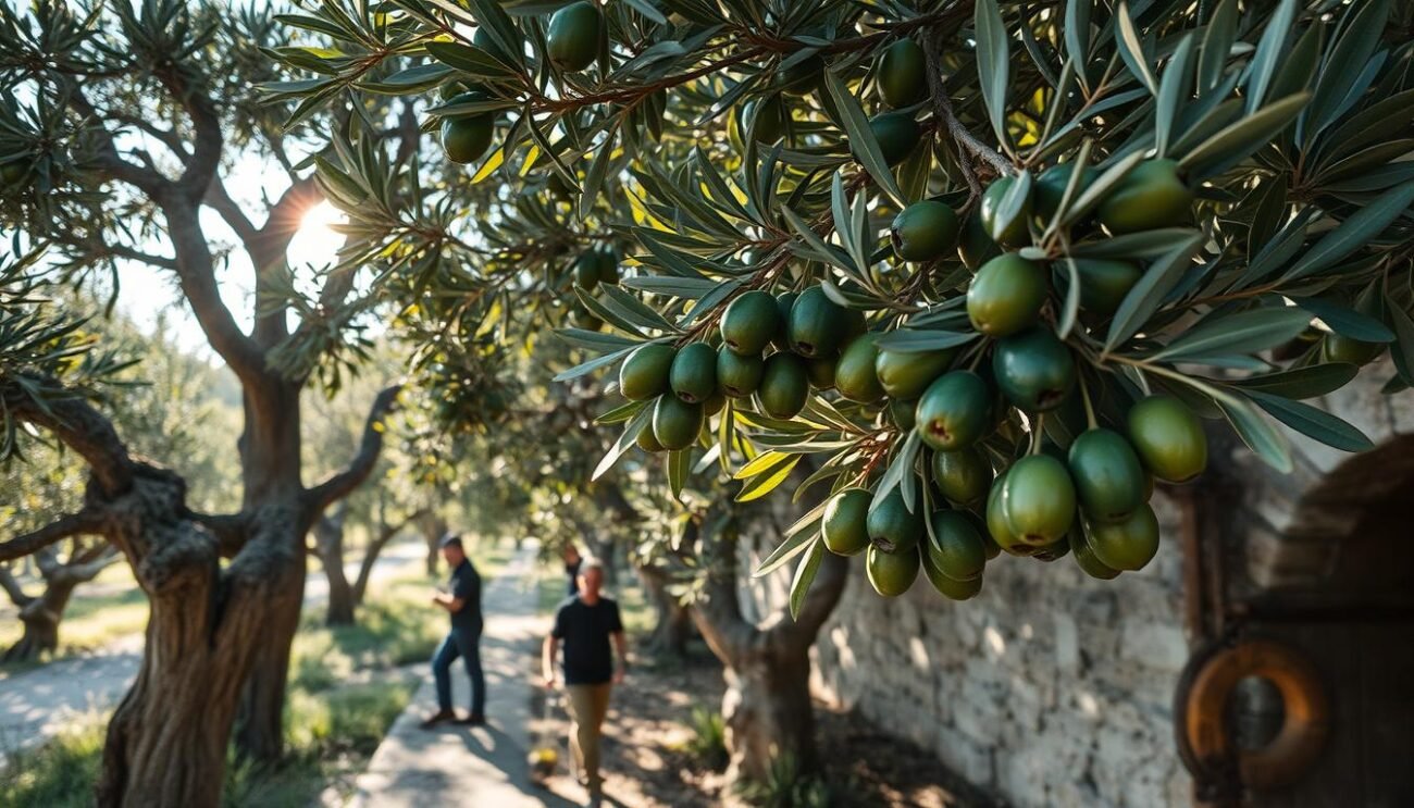 A rustic Sicilian olive grove, sun-dappled leaves rustling in the breeze. Gnarled tree trunks cast long shadows as workers carefully hand-pick plump, glossy olives, their delicate movements honed by generations of tradition. The scent of fresh-pressed oil permeates the air, as the olives are carried to a nearby mill, its weathered stone walls housing the time-honored process of cold-pressing. Ribbons of emerald-green liquid flow into glass bottles, the final step in a journey that has sustained Sicilian families for centuries. A scene of timeless artistry, capturing the essence of the island's age-old olive oil production.