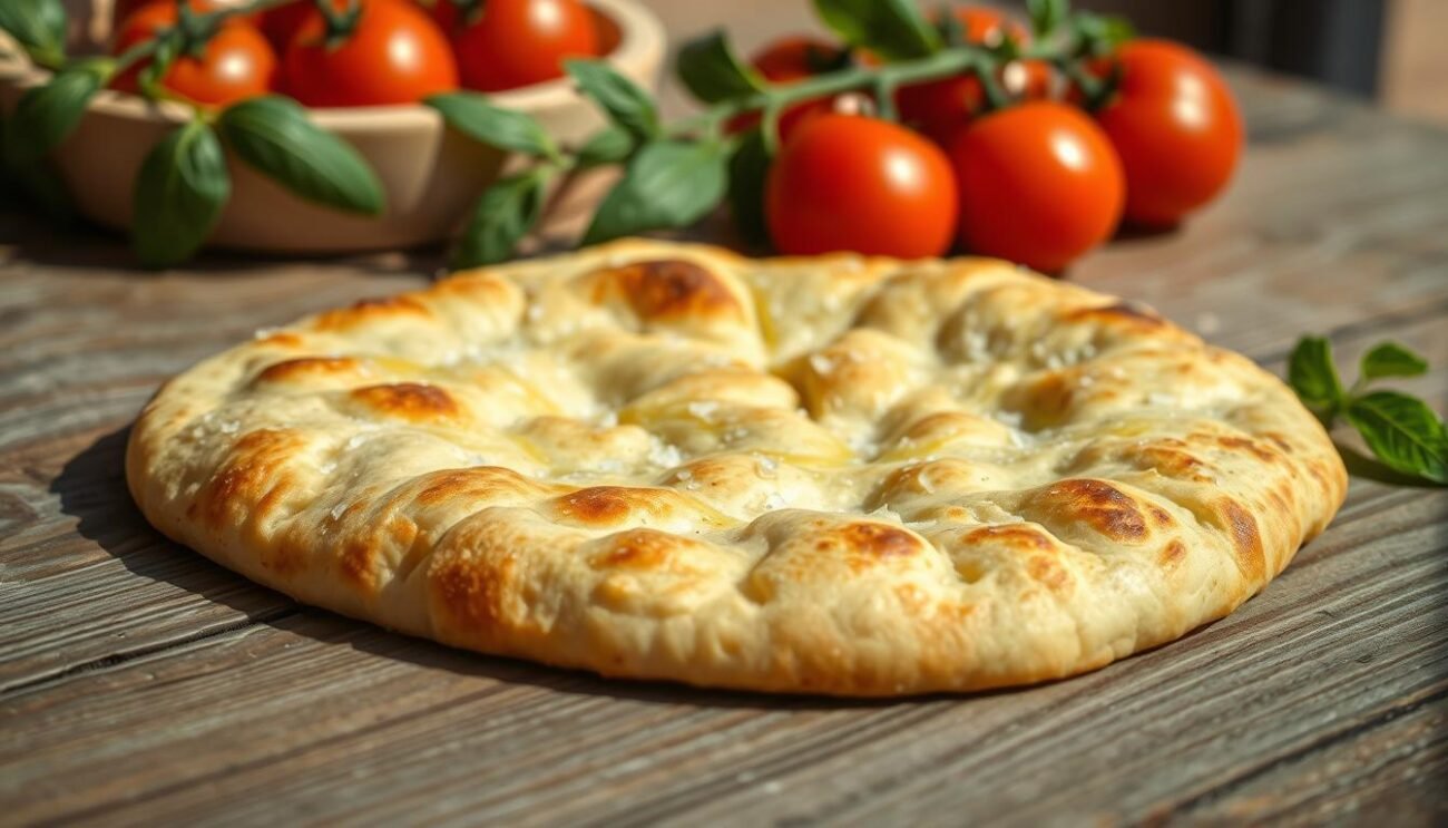 A rustic Tuscan schiacciata, a traditional flatbread, rests on a weathered wooden table. The crust is golden-brown and lightly charred, its surface dotted with dimples. The aroma of olive oil and sea salt wafts through the air, transporting the viewer to a sun-drenched Tuscan kitchen. In the background, a row of fiery red tomatoes and fresh basil leaves hints at the rich flavors to come. The soft, pillowy interior of the schiacciata beckons, a testament to the skilled hands that crafted it. This simple yet beloved Tuscan staple embodies the region's deep-rooted culinary heritage and connection to the land. A rustic Tuscan schiacciata, a traditional flatbread, rests on a weathered wooden table. The crust is golden-brown and lightly charred, its surface dotted with dimples. The aroma of olive oil and sea salt wafts through the air, transporting the viewer to a sun-drenched Tuscan kitchen. In the background, a row of fiery red tomatoes and fresh basil leaves hints at the rich flavors to come. The soft, pillowy interior of the schiacciata beckons, a testament to the skilled hands that crafted it. This simple yet beloved Tuscan staple embodies the region's deep-rooted culinary heritage and connection to the land.