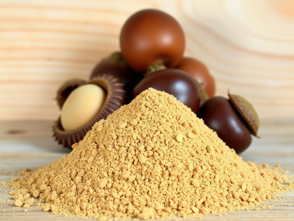 A rustic and organic still life depicting the distinctive characteristics of artisanal chestnut flour from the Monte Amiata region of Tuscany. In the foreground, a mound of warm, golden-hued flour is carefully piled, its texture and graininess visibly apparent. Behind it, several whole chestnuts with their characteristic spiny husks are arranged, conveying a sense of the flour's natural origins. The background features a simple, textured wooden surface, lending an authentic, handcrafted atmosphere. Soft, natural lighting illuminates the scene, highlighting the flour's earthy tones and the chestnuts' rich, glossy shells. The overall composition and mood evoke the traditional, artisanal nature of this prized Tuscan culinary ingredient.