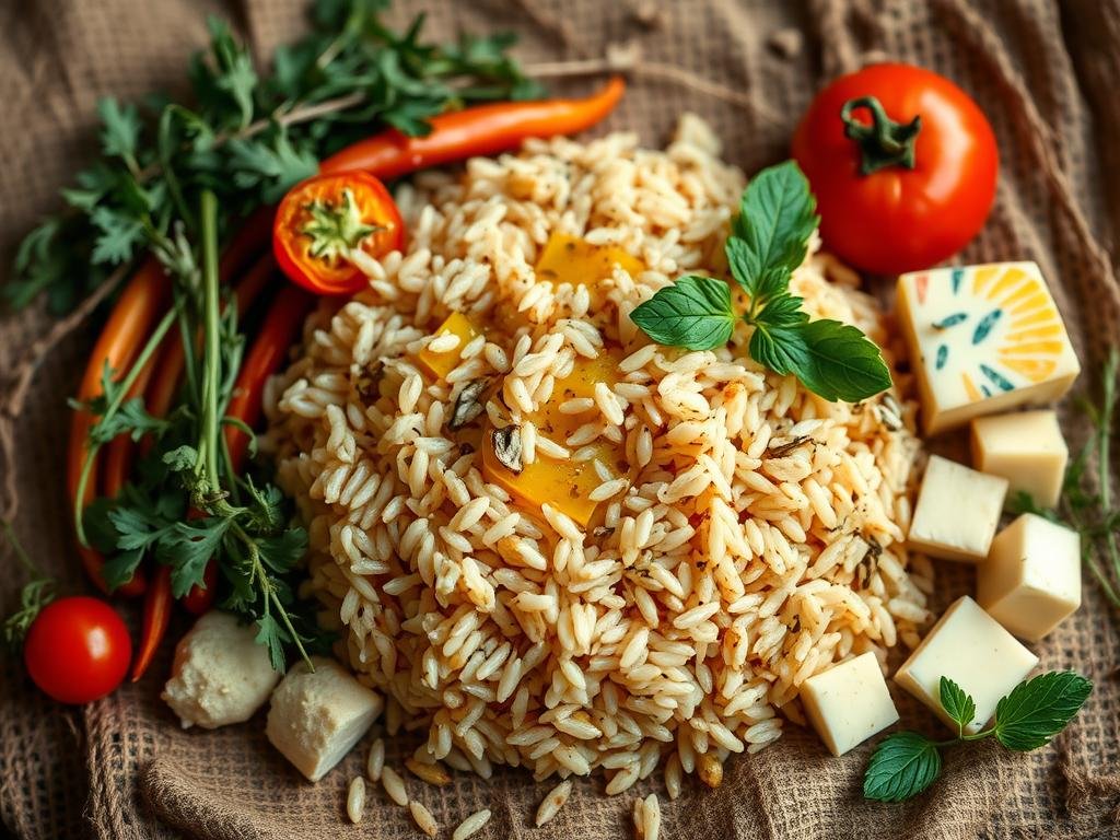 A rustic, artful arrangement of hearty whole grain Italian rice, presented alongside gourmet accompaniments. Delicate olive oil drizzle, fragrant herbs, vibrant vegetables, and rich cheese morsels thoughtfully composed in a natural, earthy setting. Soft, warm lighting highlights the textures and colors, creating an inviting, sophisticated tableau. A classic Italian culinary scene, capturing the essence of using wholesome, high-quality ingredients to craft an elevated, nourishing meal.