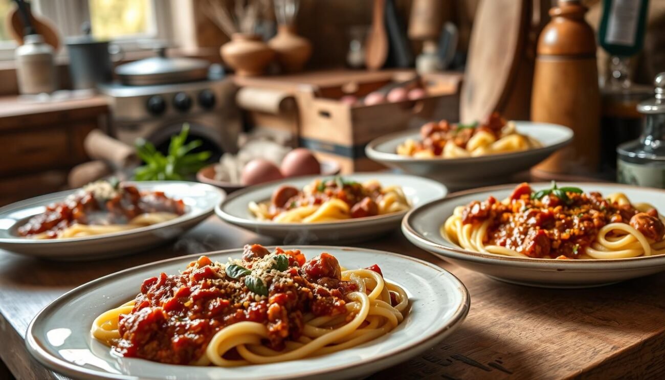 A rustic, artfully arranged display of creative recipes featuring bold, hearty wild boar ragù. Steaming plates of handmade pasta, glistening with the rich, savory sauce, set against a backdrop of classic Italian kitchen scenes. Warm, earthy tones complement the rustic, homemade aesthetic, while carefully composed lighting and angles highlight the dish's tempting textures and sumptuous flavors. A tantalizing showcase of innovative culinary techniques that elevate this Tuscan signature into contemporary, mouthwatering delights.