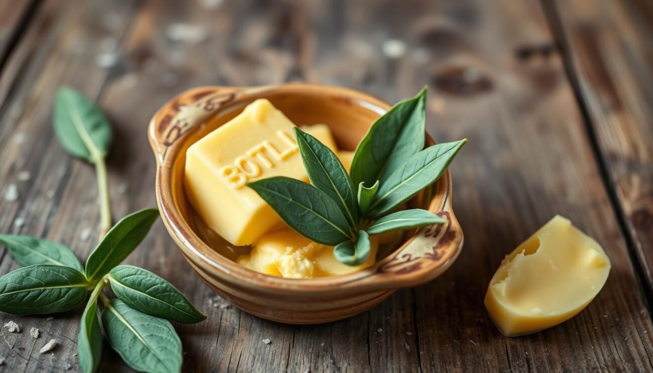 A rustic, artisanal condiment of golden, creamy butter and fragrant, verdant sage leaves. The scene depicts a small ceramic dish filled with the traditional Italian "Burro e Salvia" condiment, positioned on a weathered wooden surface. Soft, diffused lighting illuminates the rich, velvety texture of the butter and the delicate, lacy edges of the sage leaves. The overall composition evokes the comforting, homespun essence of authentic Italian cuisine, inviting the viewer to savor the simple yet flavorful combination of these humble ingredients.