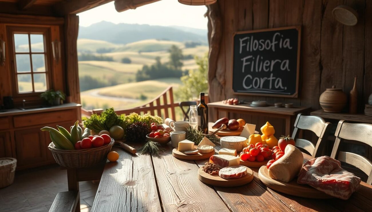 A rustic, artisanal farmhouse nestled amidst rolling hills, sunlight filtering through the windows. On the weathered wooden table, an array of locally-sourced ingredients - fresh produce, free-range meats, artisanal cheeses. The scene exudes a sense of simplicity, authenticity and a connection to the land. A chalkboard sign on the wall reads "Filosofia Filiera Corta" - the philosophy of the short supply chain, where food travels directly from the farm to the table. The atmosphere is warm, inviting, and reflective of a deep appreciation for the provenance and quality of the food.
