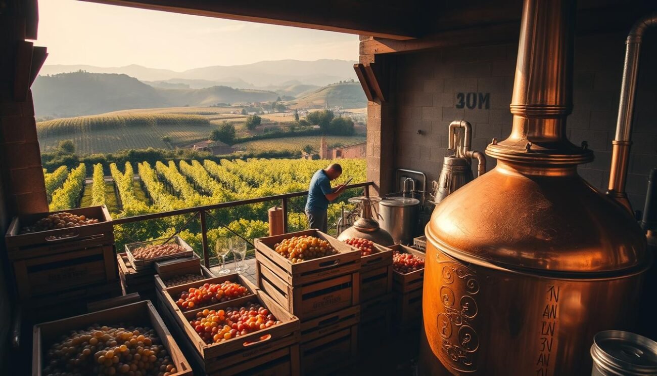 A rustic, artisanal grappa distillery set against a backdrop of rolling Italian hills. In the foreground, a copper still stands gleaming, its intricate curves and pipes hinting at the meticulous process within. Nearby, crates of freshly harvested grape pomace await their transformation into the golden elixir. The lighting is warm and natural, casting a soft glow over the scene. In the middle ground, workers meticulously tend to the distillation, monitoring temperatures and adjusting valves with practiced hands. The atmosphere is one of tradition, craftsmanship, and the celebration of Italy's rich winemaking heritage. In the distance, vineyards stretch out, their lush greenery a testament to the land that gives birth to this revered spirit.