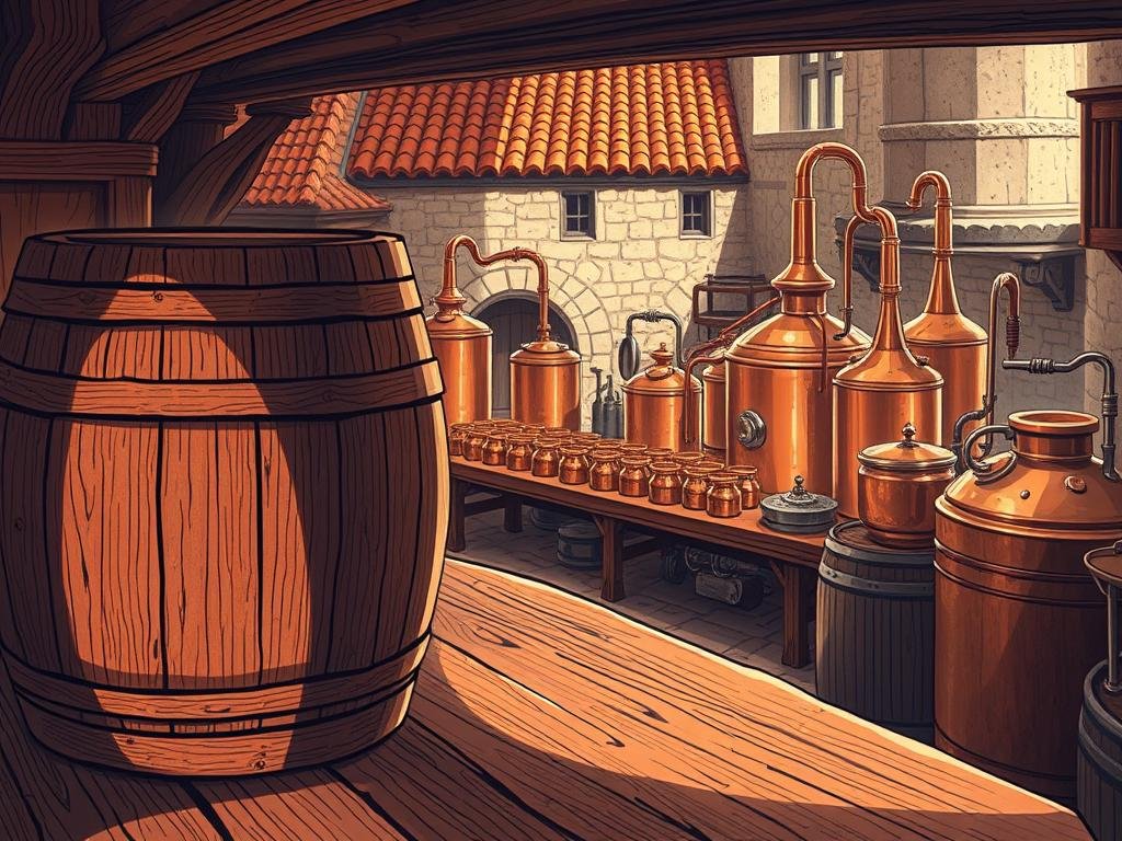 A rustic, atmospheric illustration of a historic brewing tradition. In the foreground, a weathered wooden barrel sits atop a sturdy oak table, casting warm shadows across the scene. In the middle ground, rows of gleaming copper brewing vessels and an array of traditional brewing tools, each with a well-worn, handcrafted quality. The background reveals a quaint, medieval-style building, its stone walls and tiled roof hinting at centuries of brewing heritage. The overall mood is one of timeless artisanship, where the ancient secrets of the brewmaster's craft are honored and preserved. Soft, diffused lighting bathes the scene in a cozy, golden glow, evoking a sense of reverence for this enduring tradition.